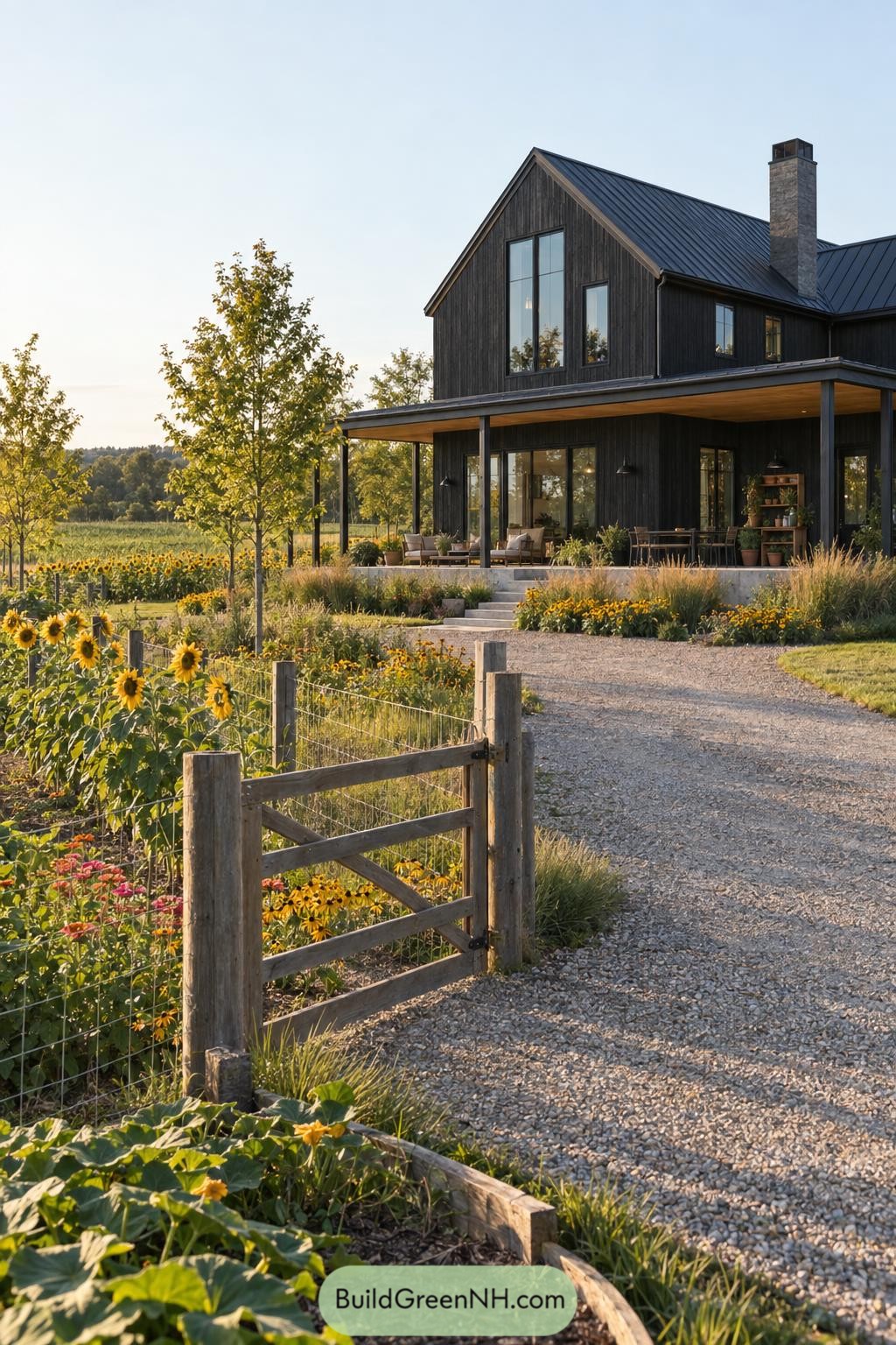 Dark timber farmhouse with a wraparound porch beside sunflower gardens