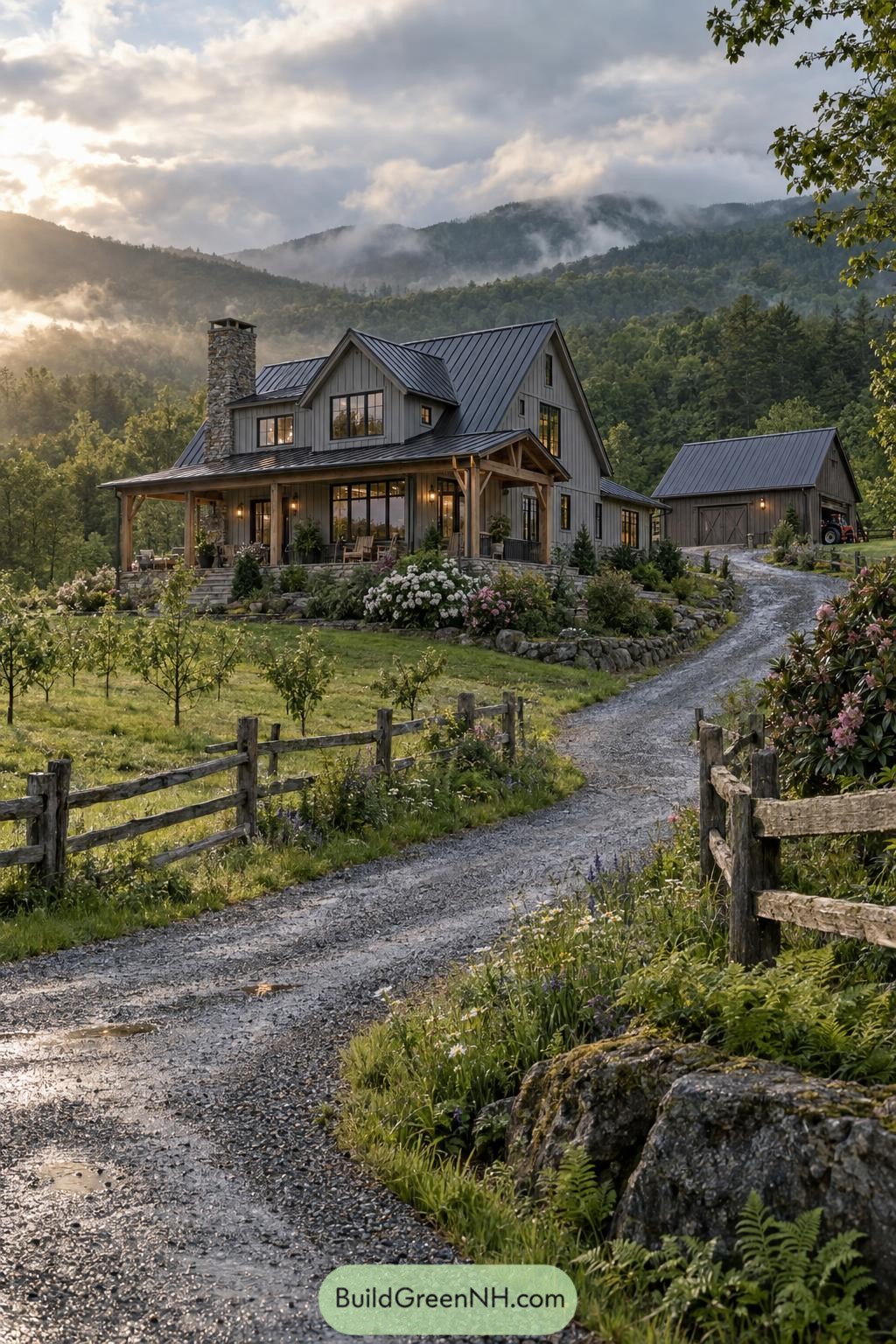Gray gabled farmhouse with stone chimney in misty mountain valley