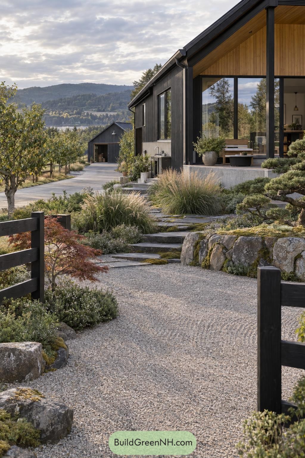 Black timber farmhouse with glazed gable and terraced garden
