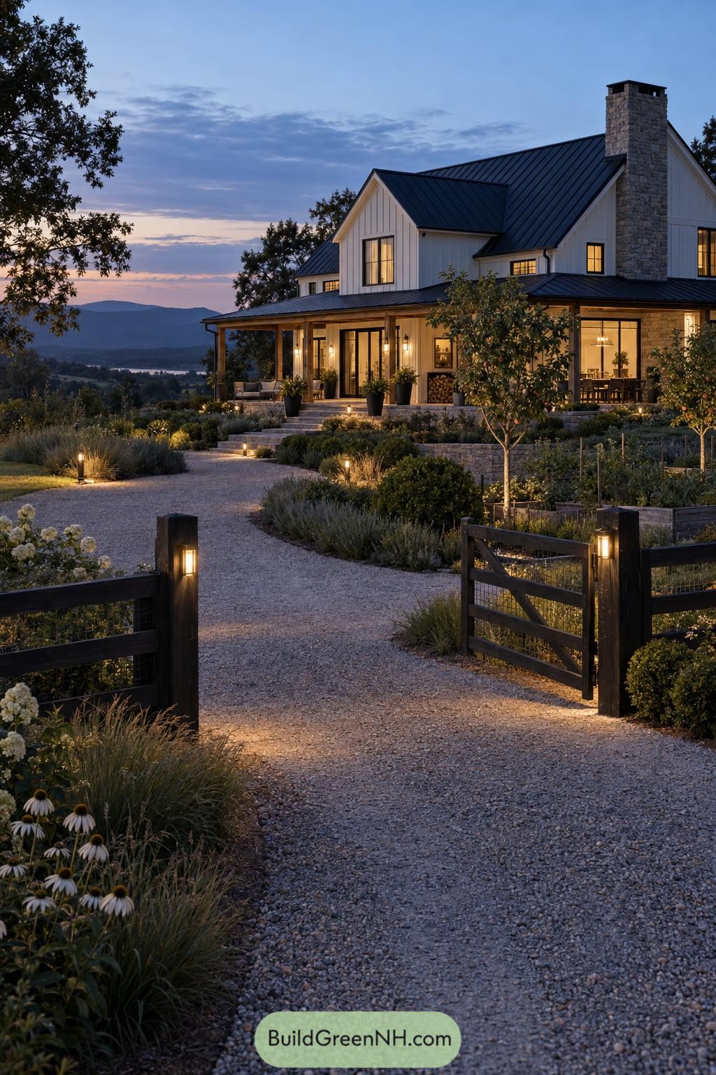White farmhouse with a black metal roof and stone chimney beyond a garden gate at dusk