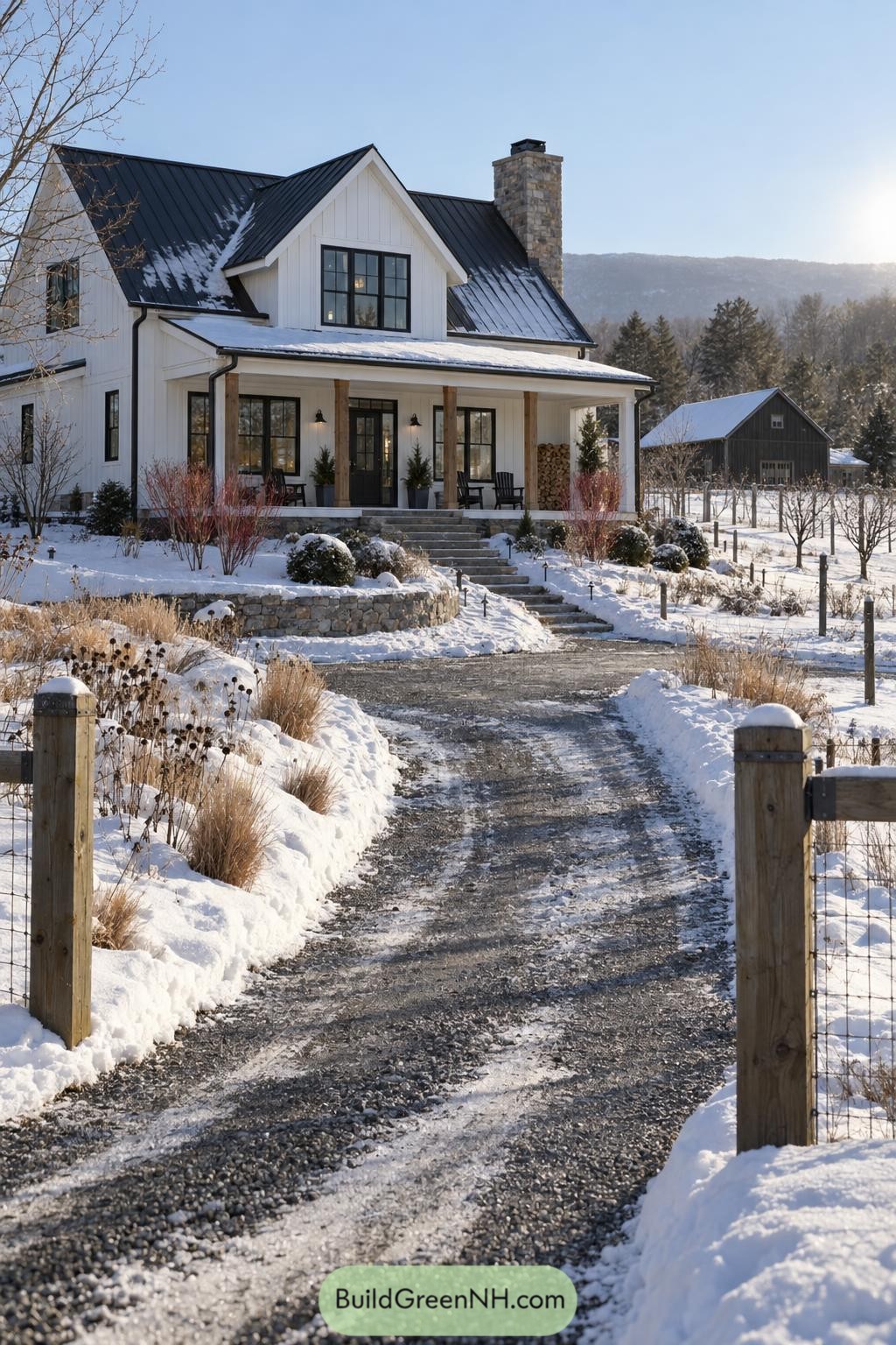 White farmhouse with black roof and snowy front porch