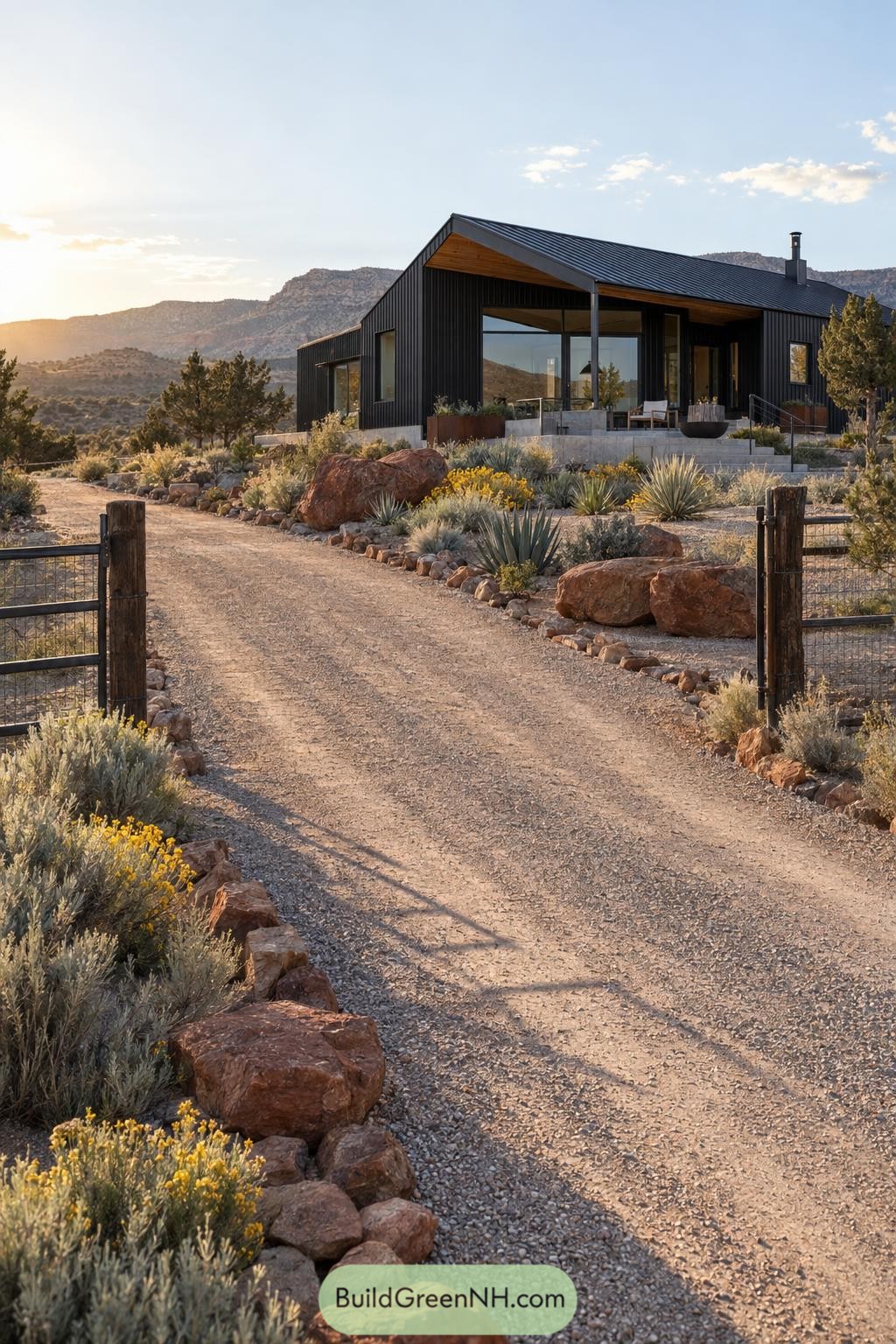 Black metal farmhouse beside a desert gravel drive and mountain landscape