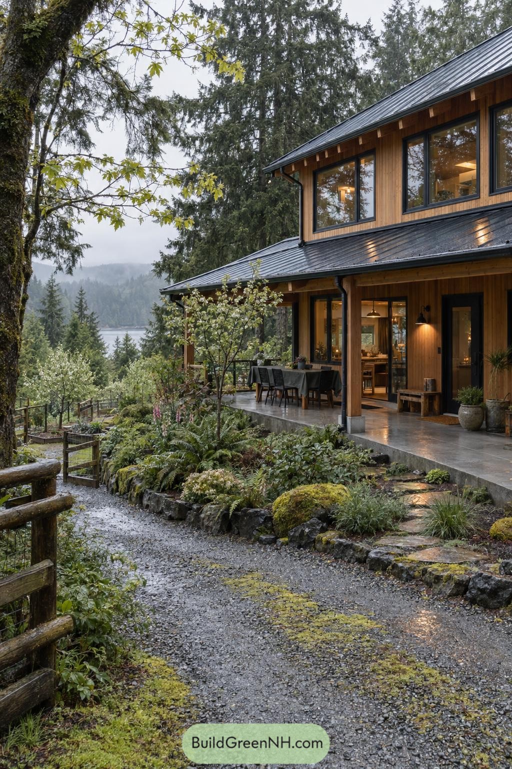 Cedar farmhouse with black metal roof beside a misty lake
