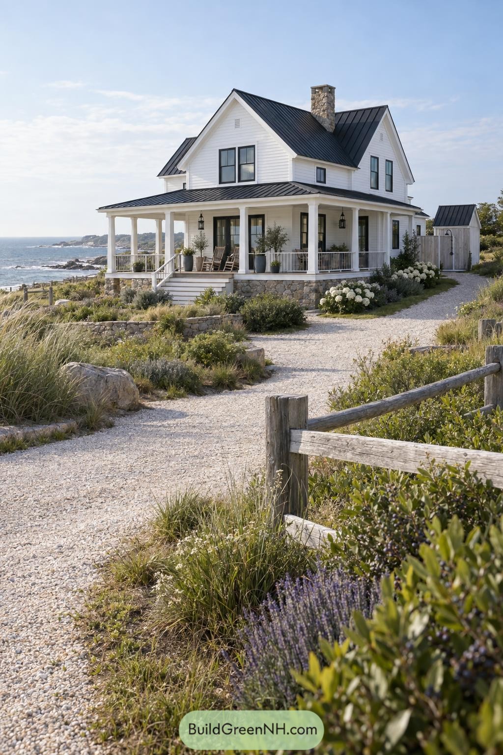 White farmhouse with wraparound porch overlooking a rocky coast