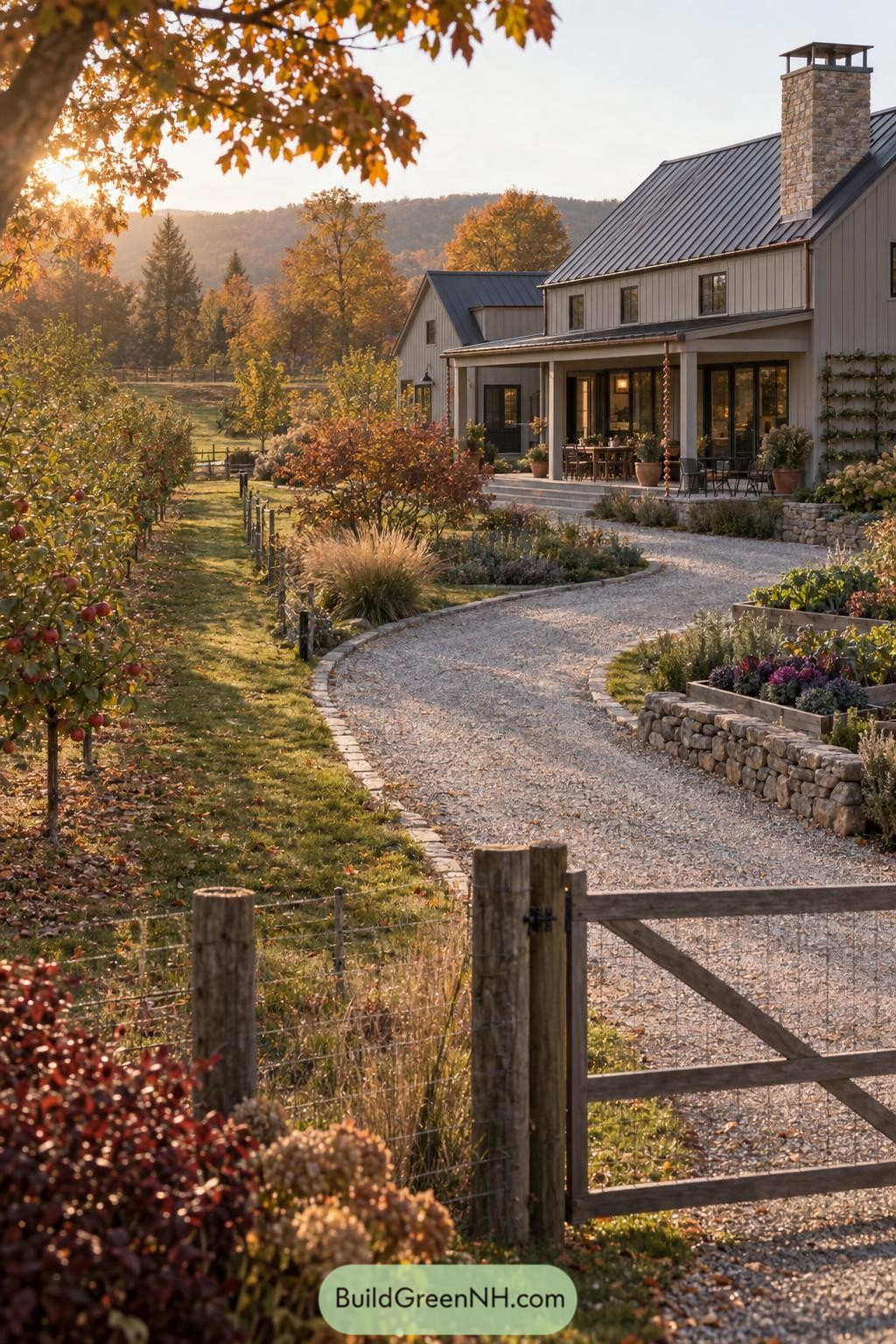 White farmhouse with metal roof beside an autumn orchard