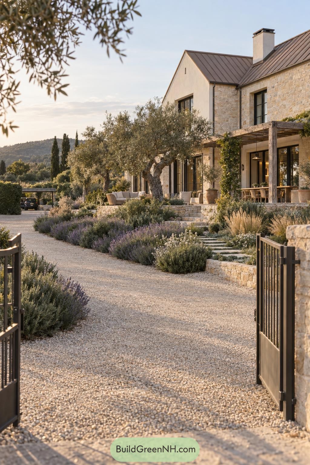 Stone farmhouse with olive trees and a vine-covered pergola