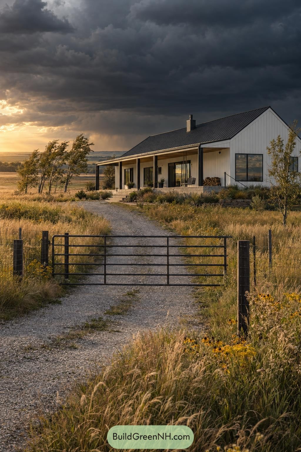 White gabled farmhouse with black roof behind a ranch gate