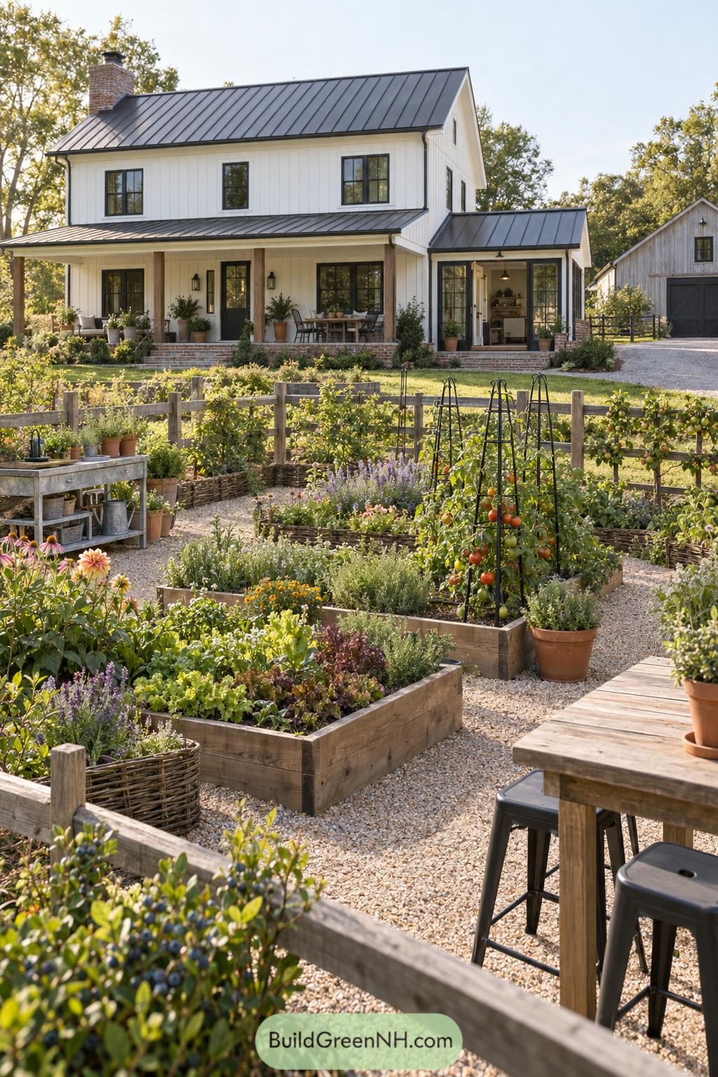 White farmhouse with metal roof beside raised vegetable beds