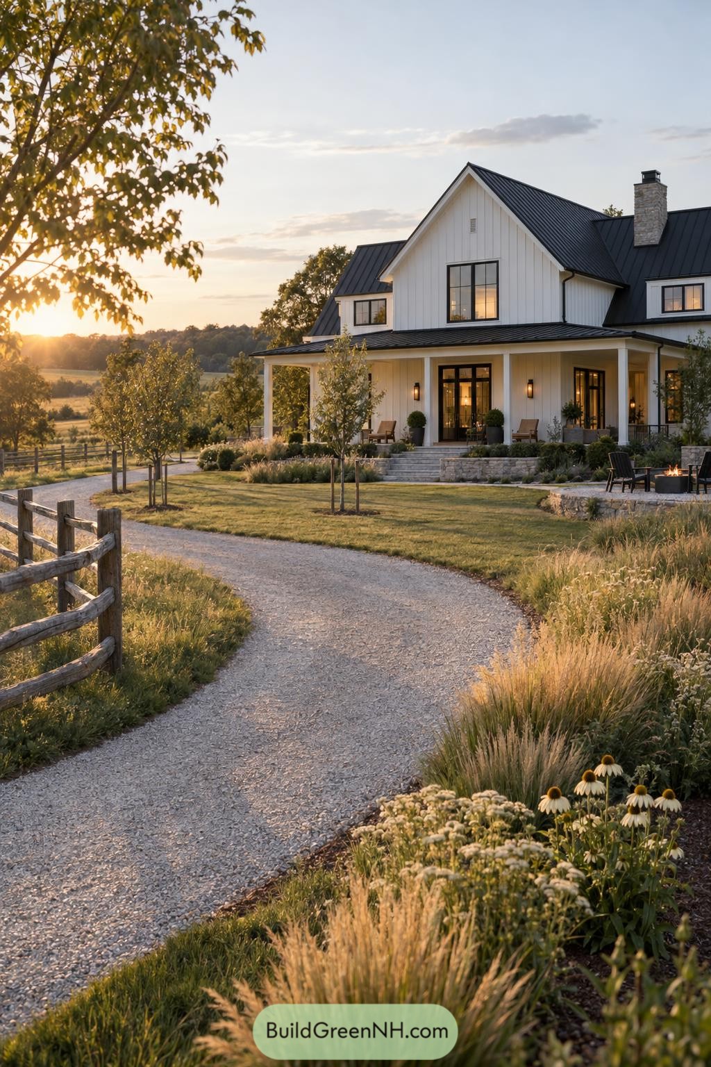 White farmhouse with black metal roof and wraparound porch at sunset