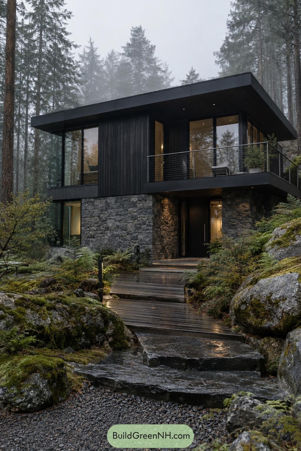 Modern flat roof home with dark cladding and stone walls in a misty forest