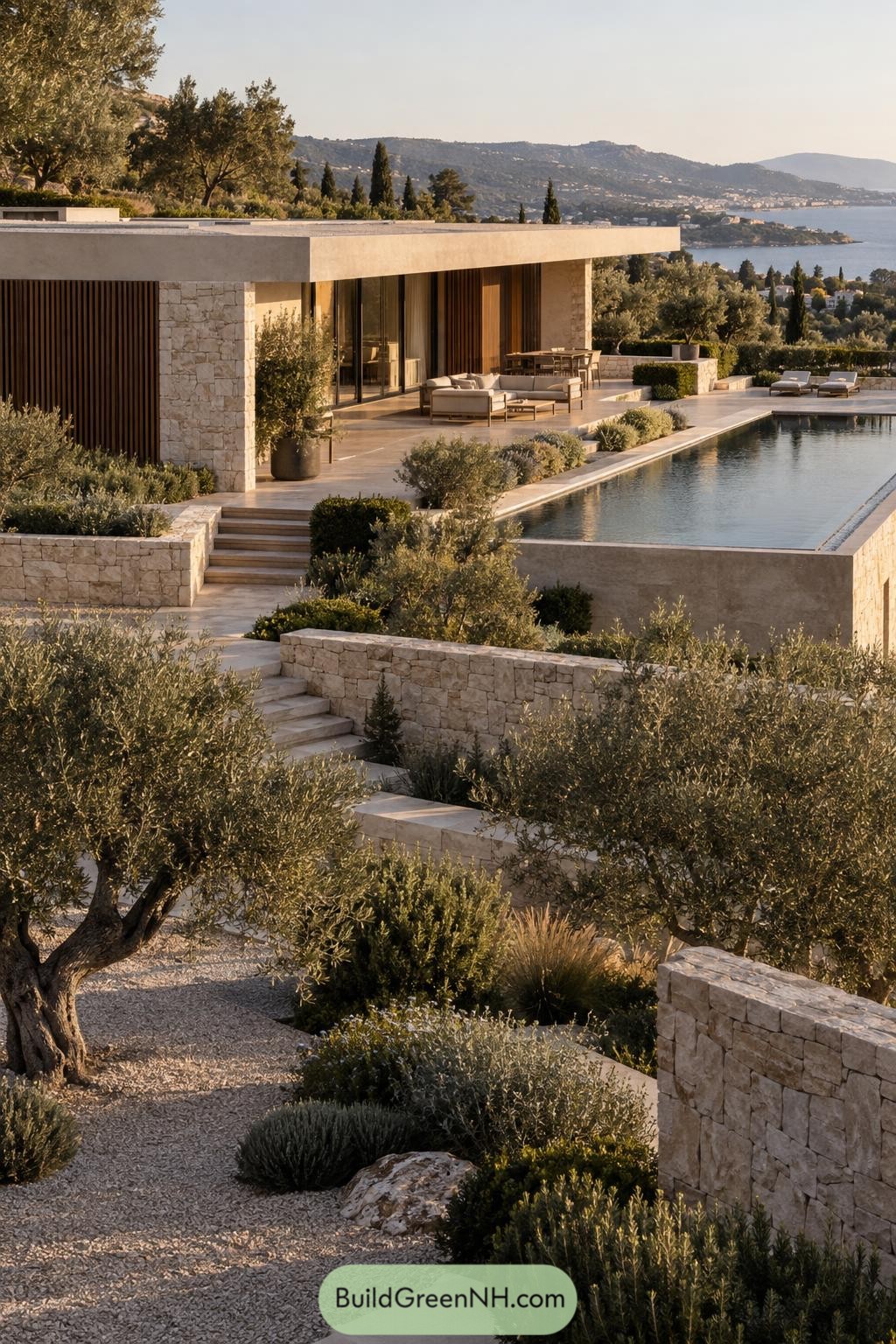 Flat roof stone villa with an infinity pool overlooking the coast