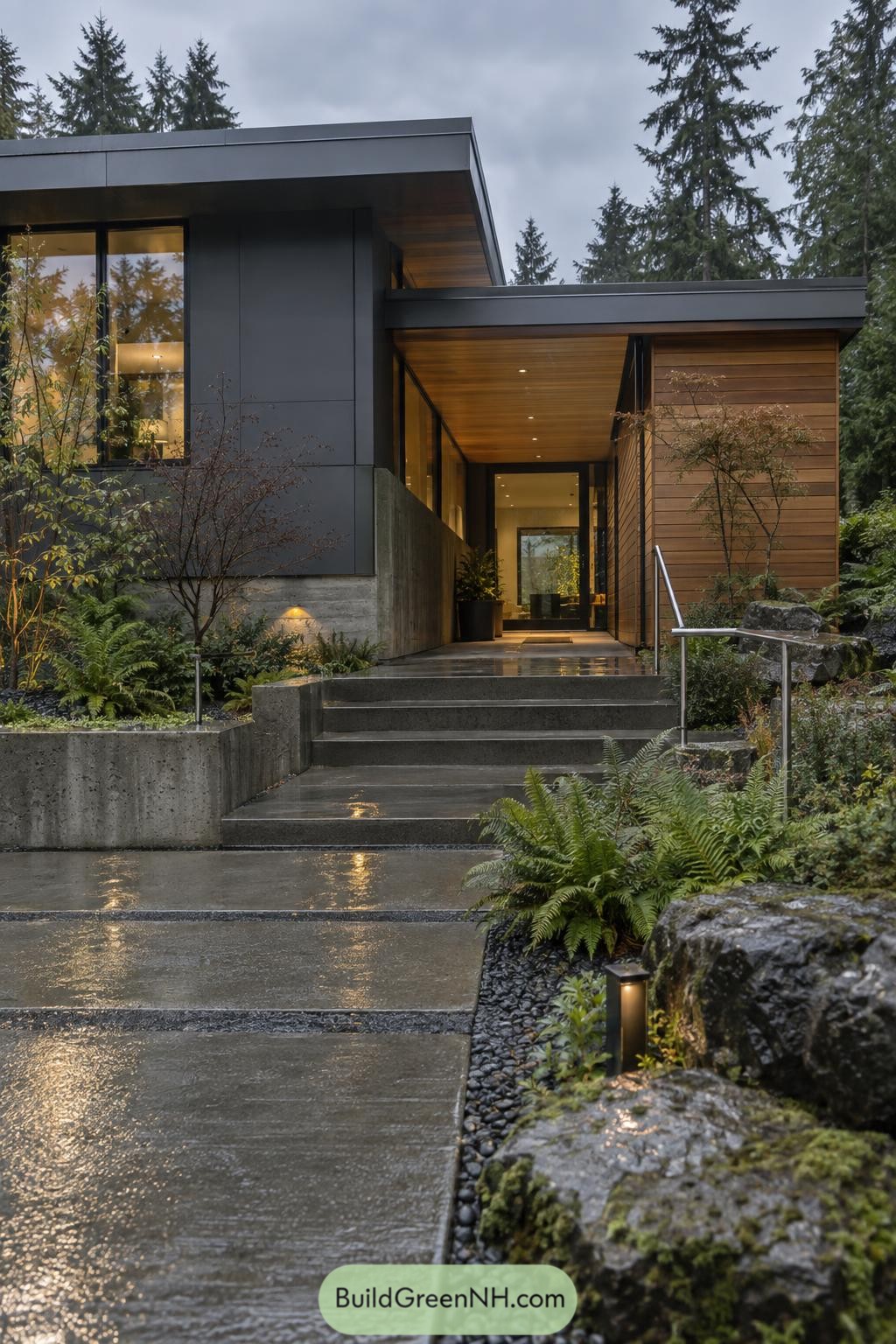 Modern flat roof home entry framed by cedar and evergreens