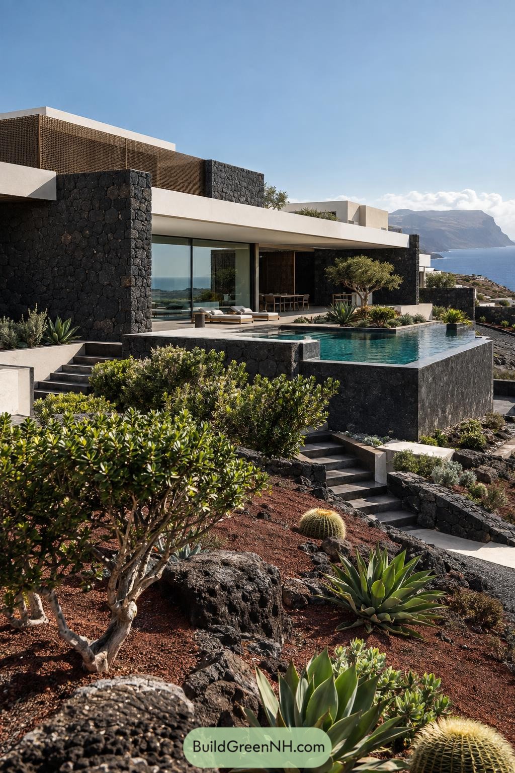 Flat roof villa with lava stone walls and an infinity pool overlooking the sea