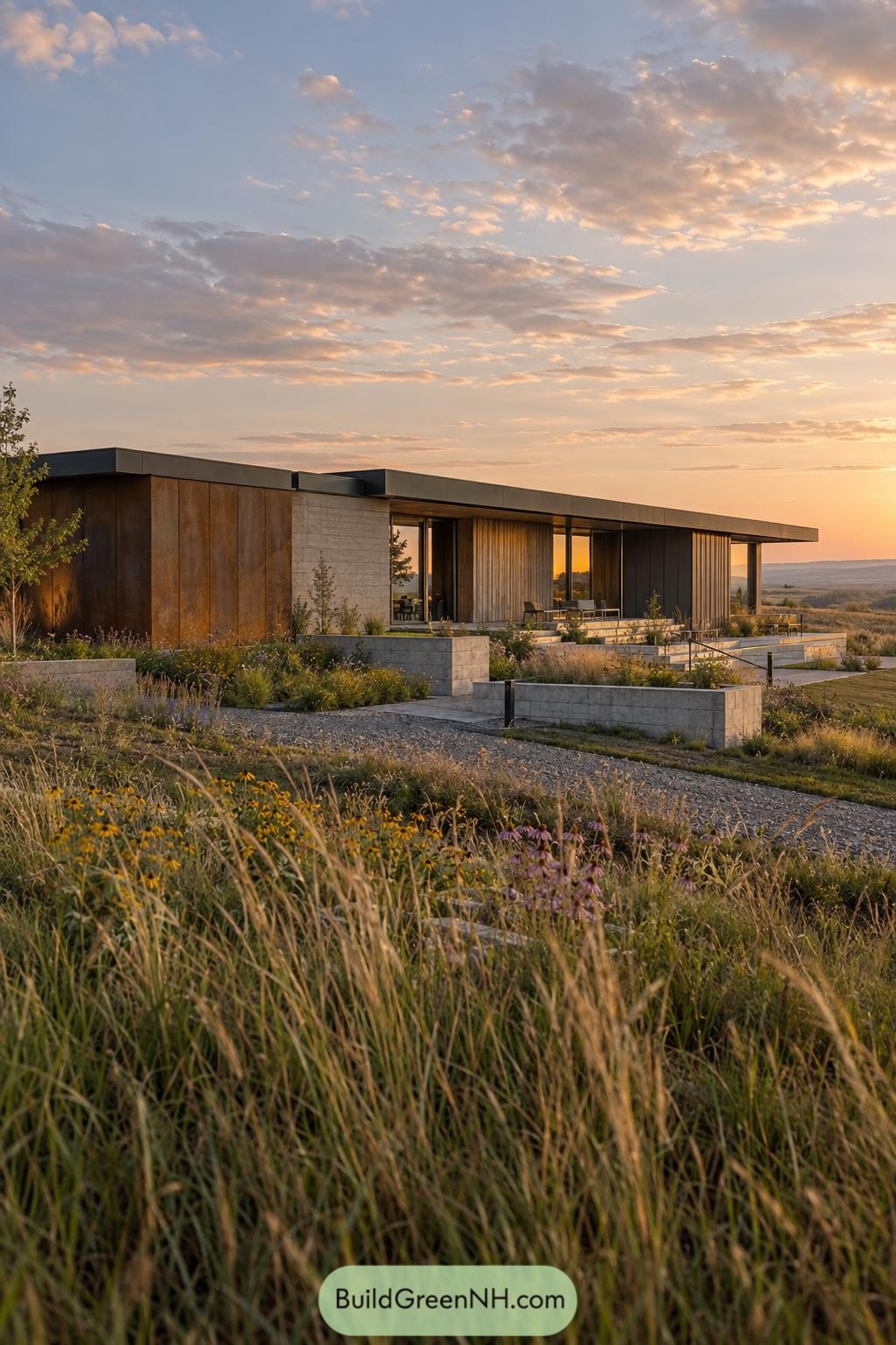 Modern flat roof home with rusted panels and meadow gardens at sunset