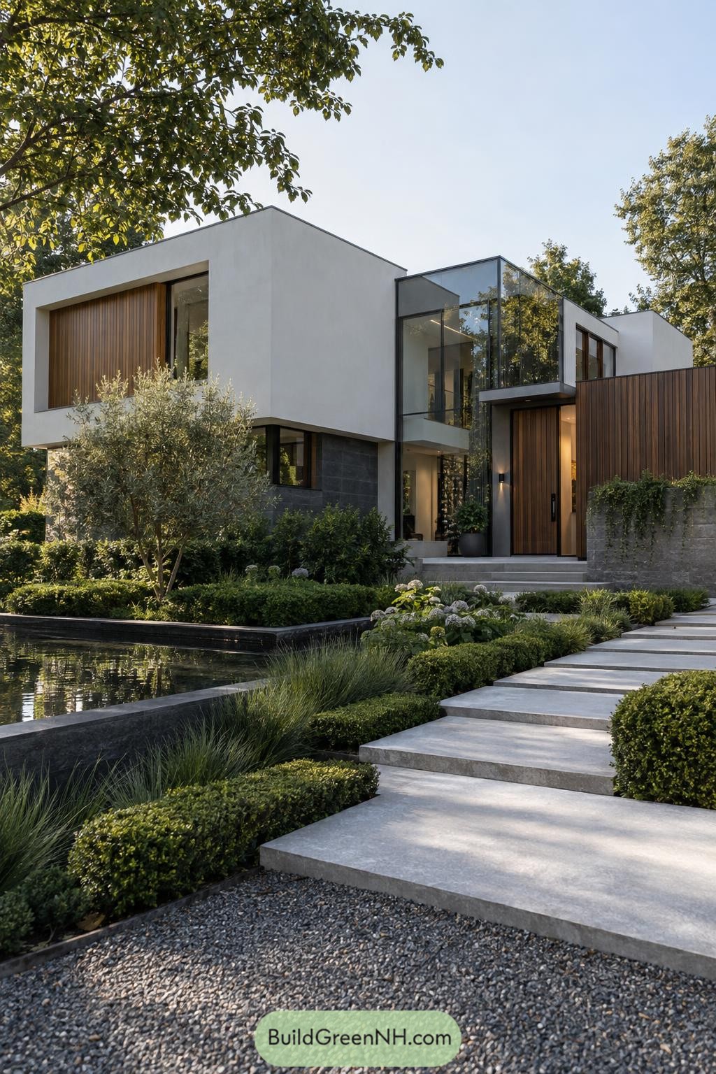 Modern flat roof home with glass entry and reflecting pool