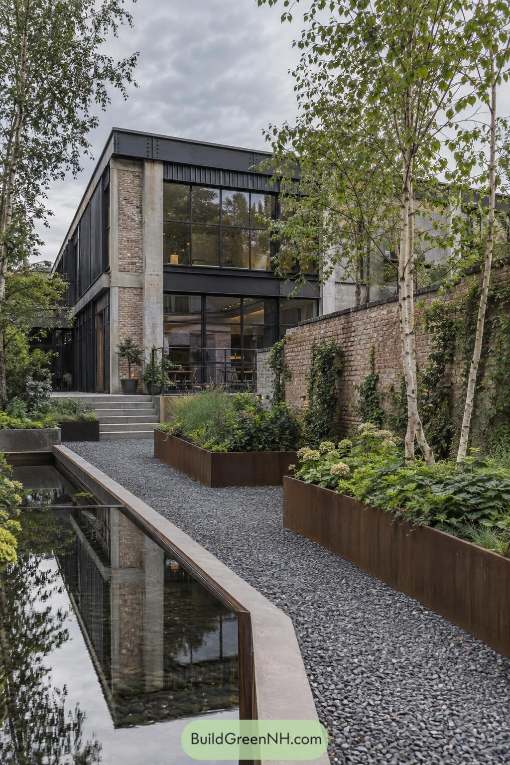 Industrial flat roof house beside a birch-lined reflecting pool