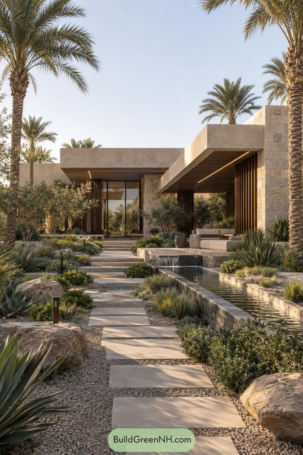 Flat roof stone residence with palms and a narrow reflecting pool