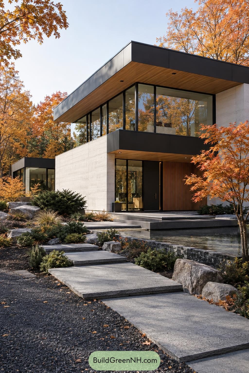 Modern flat roof home with glass walls beside a reflecting pool and autumn maples