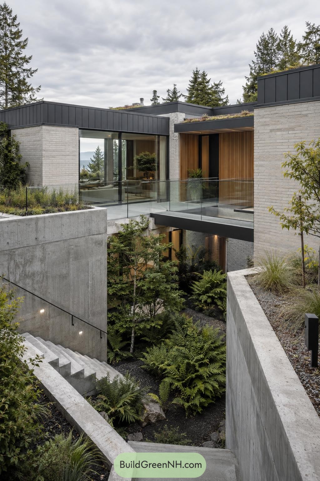Modern flat roof home with glass bridge above a sunken fern garden