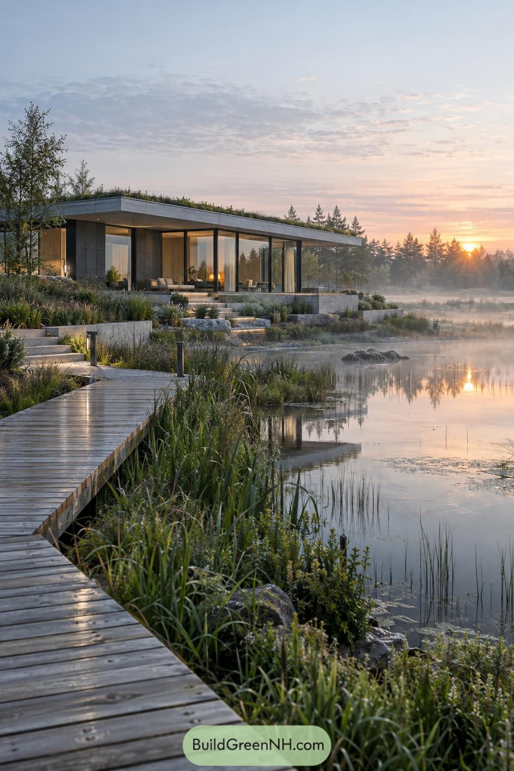 Flat roof glass house beside a misty reed-lined pond