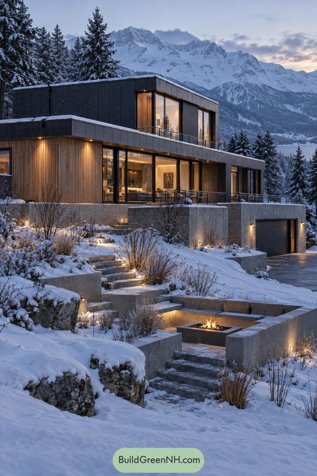 Modern flat roof home with snowy mountain views and sunken fire pit