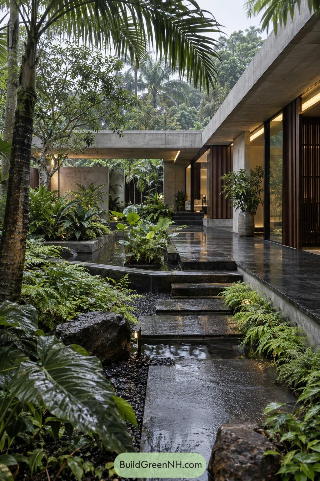 Concrete flat roof home with lush courtyard gardens and reflective water features