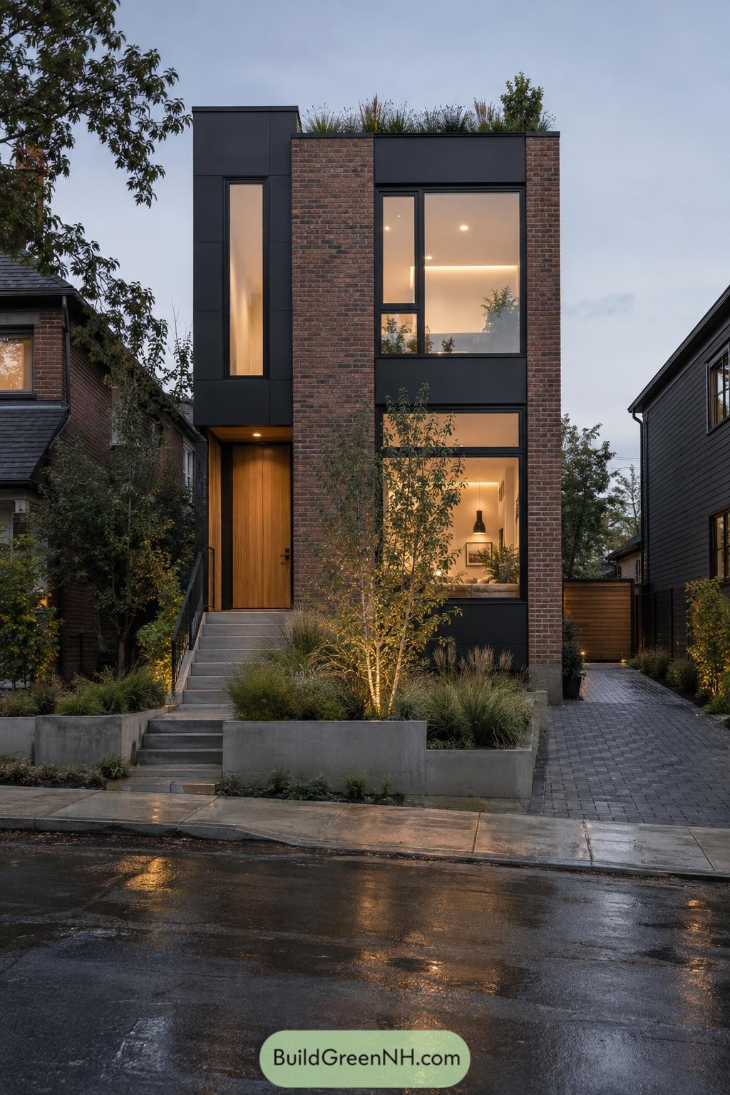 Narrow brick flat roof home with tall windows