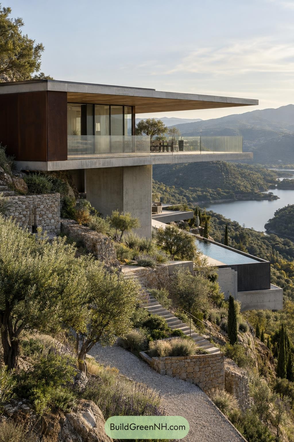Cantilevered hillside home with infinity pool overlooking a lake