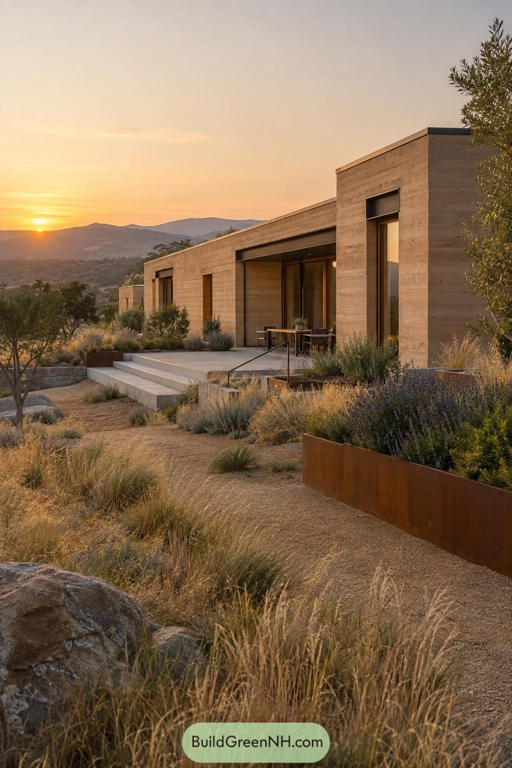Flat roof rammed earth home overlooking rolling hills at sunset