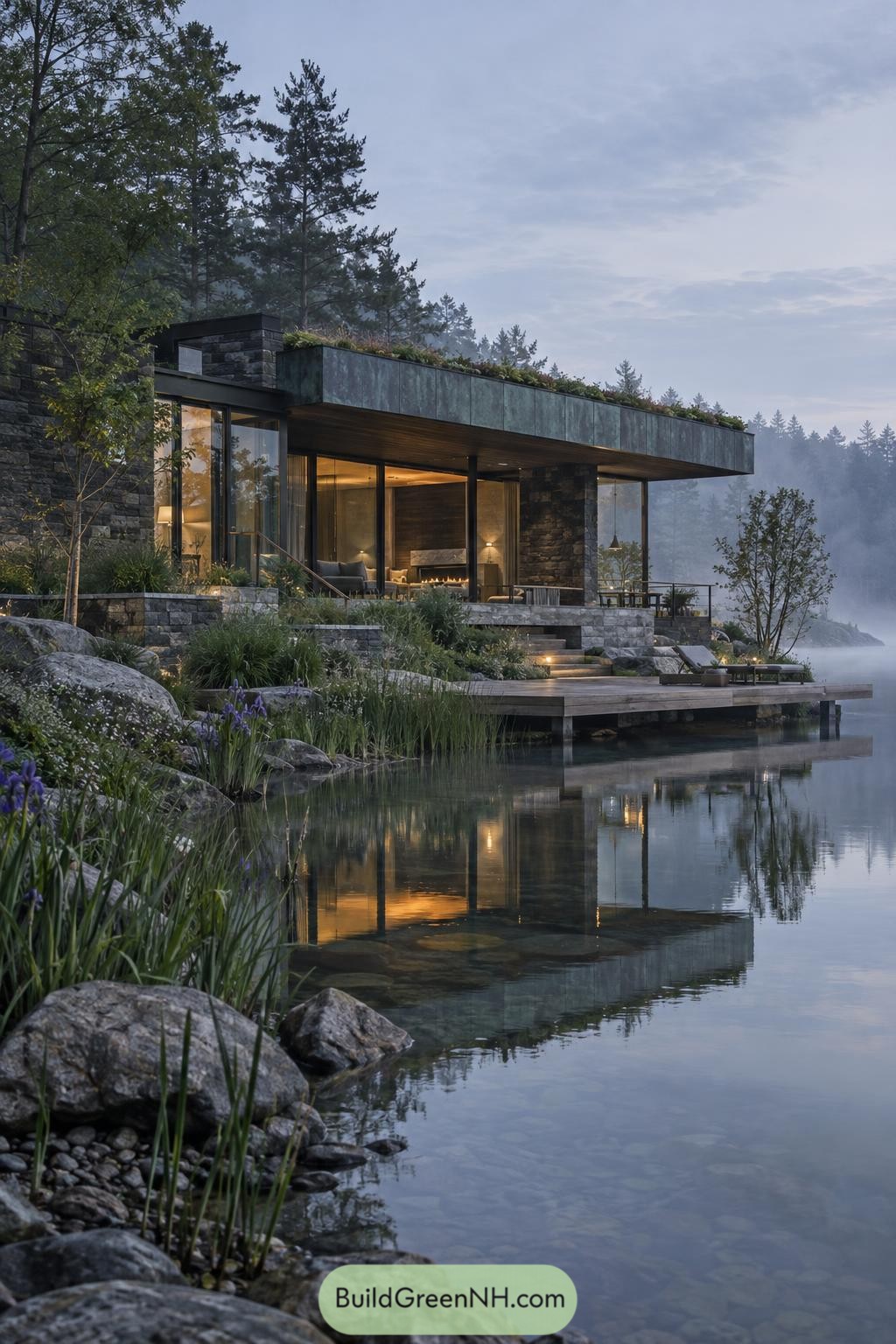 Modern stone house with planted flat roof beside a misty lake