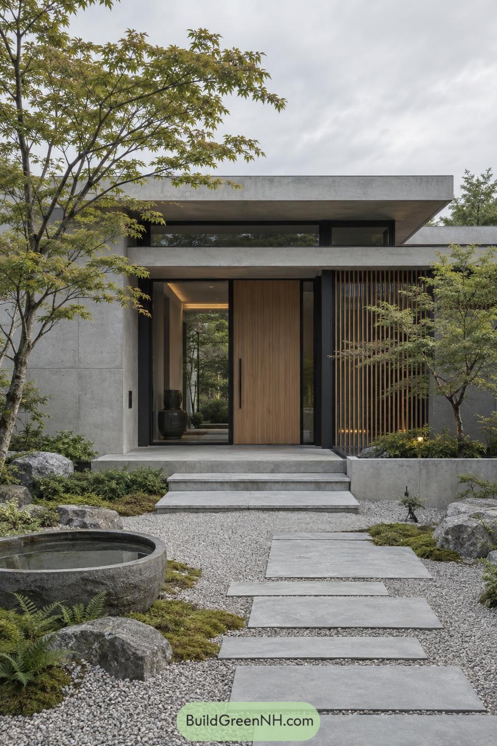 Modern concrete entry with timber door and garden path