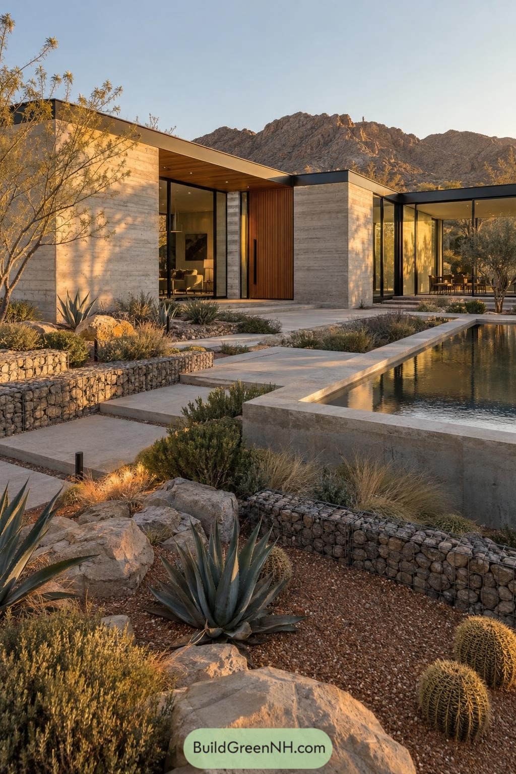 Modern flat roof home with a reflecting pool and desert garden beneath rugged mountains