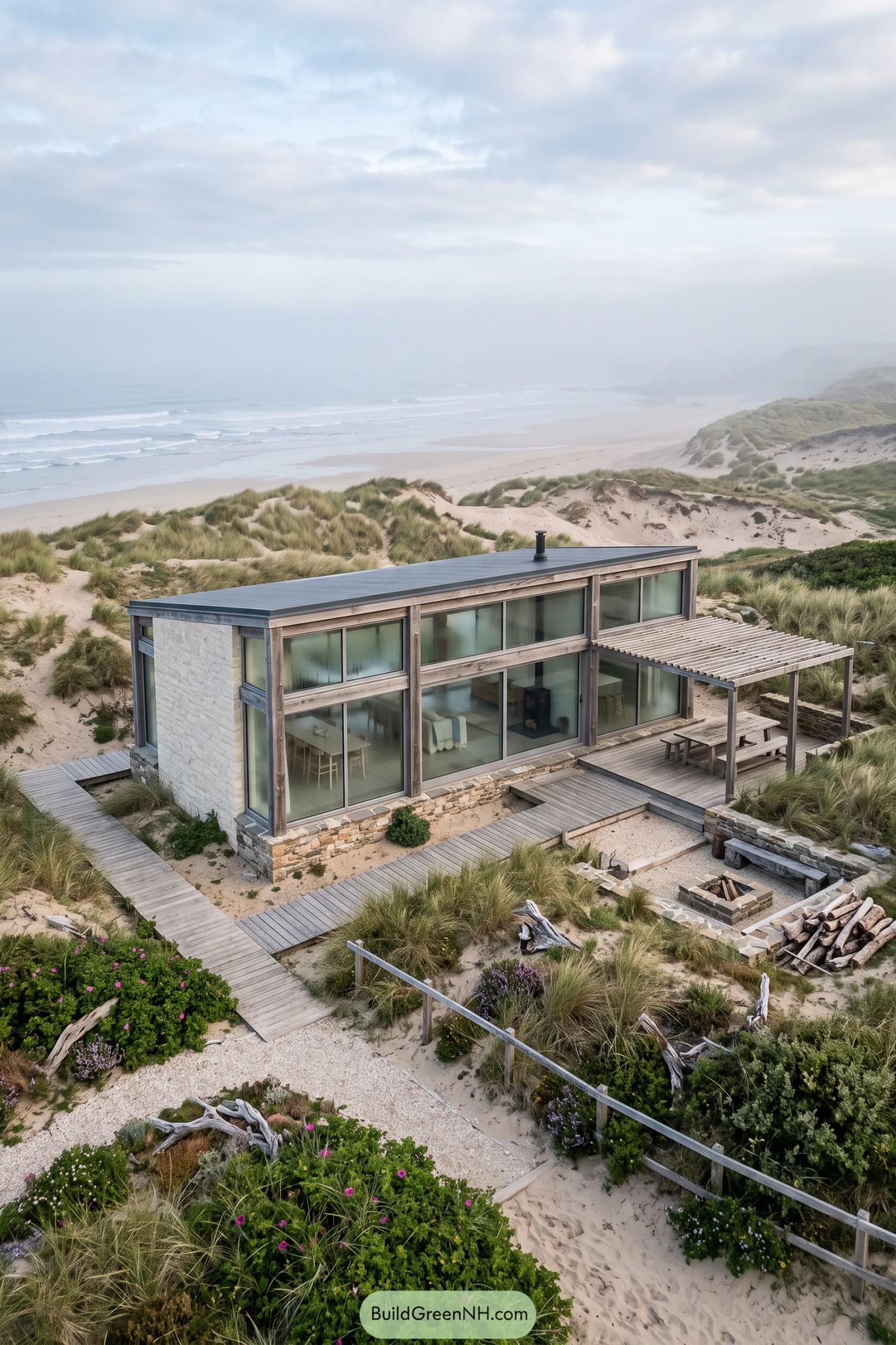 Glazed garden house with timber pergola among coastal dunes