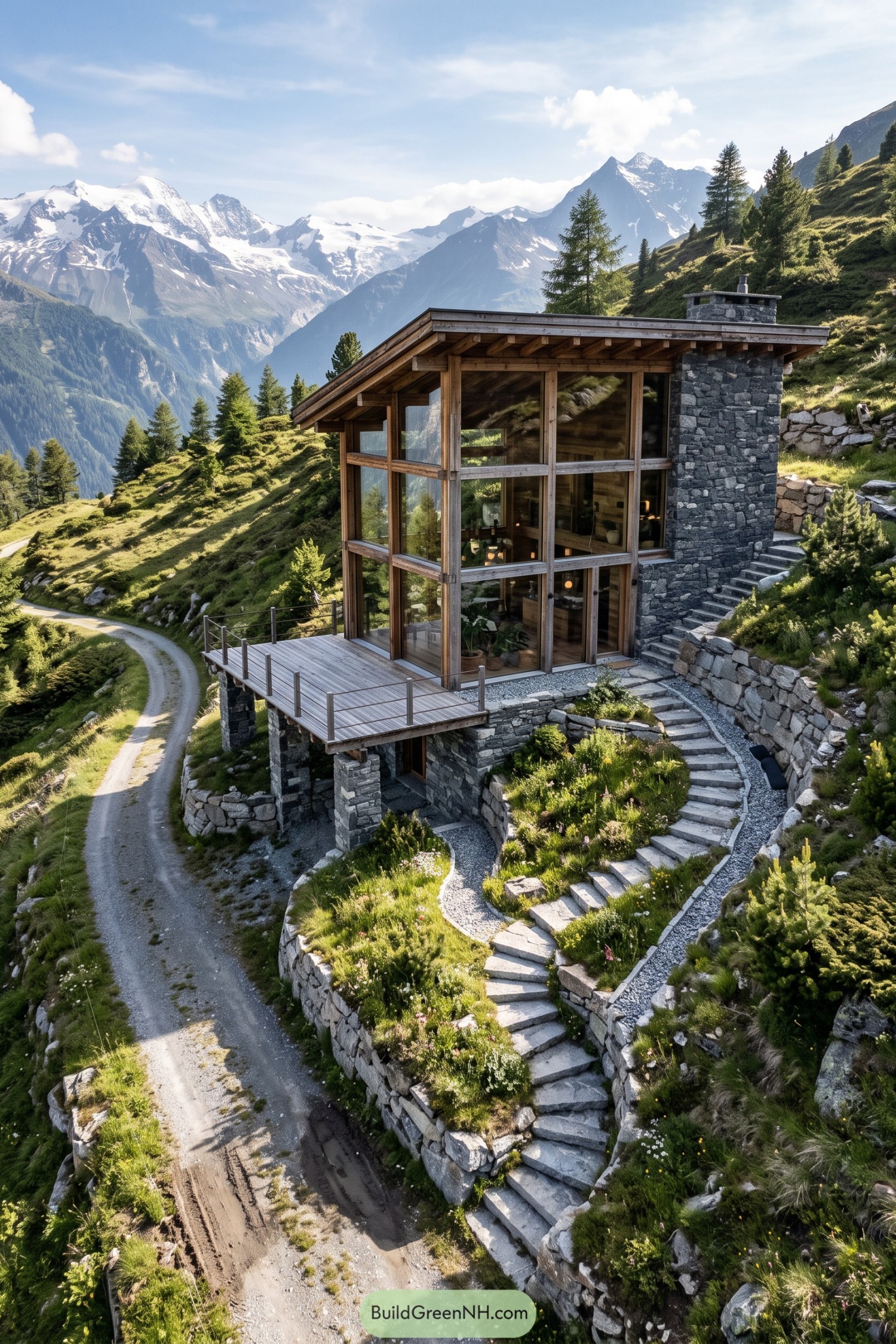 Timber and glass garden house on a mountain slope