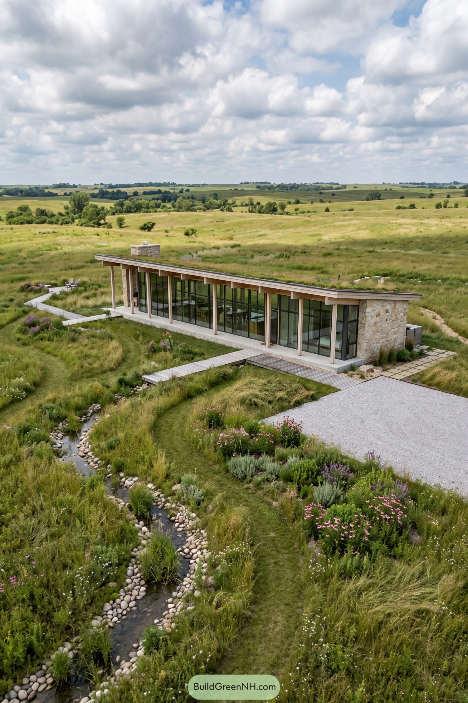 Low glass garden house beside a planted creek in open grassland