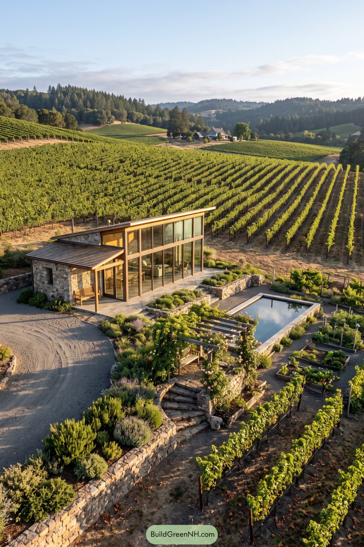 Glass garden house beside terraced vineyards and a reflecting pool