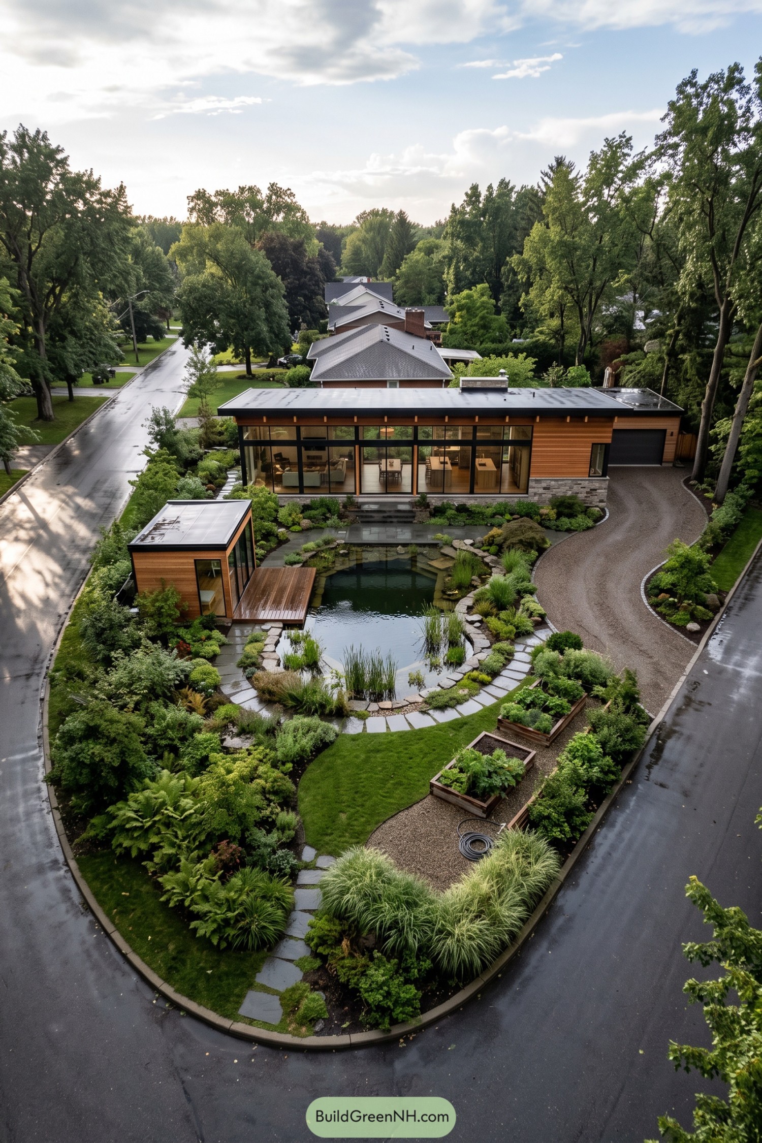 Modern glass-walled garden house beside a pond and lush planting