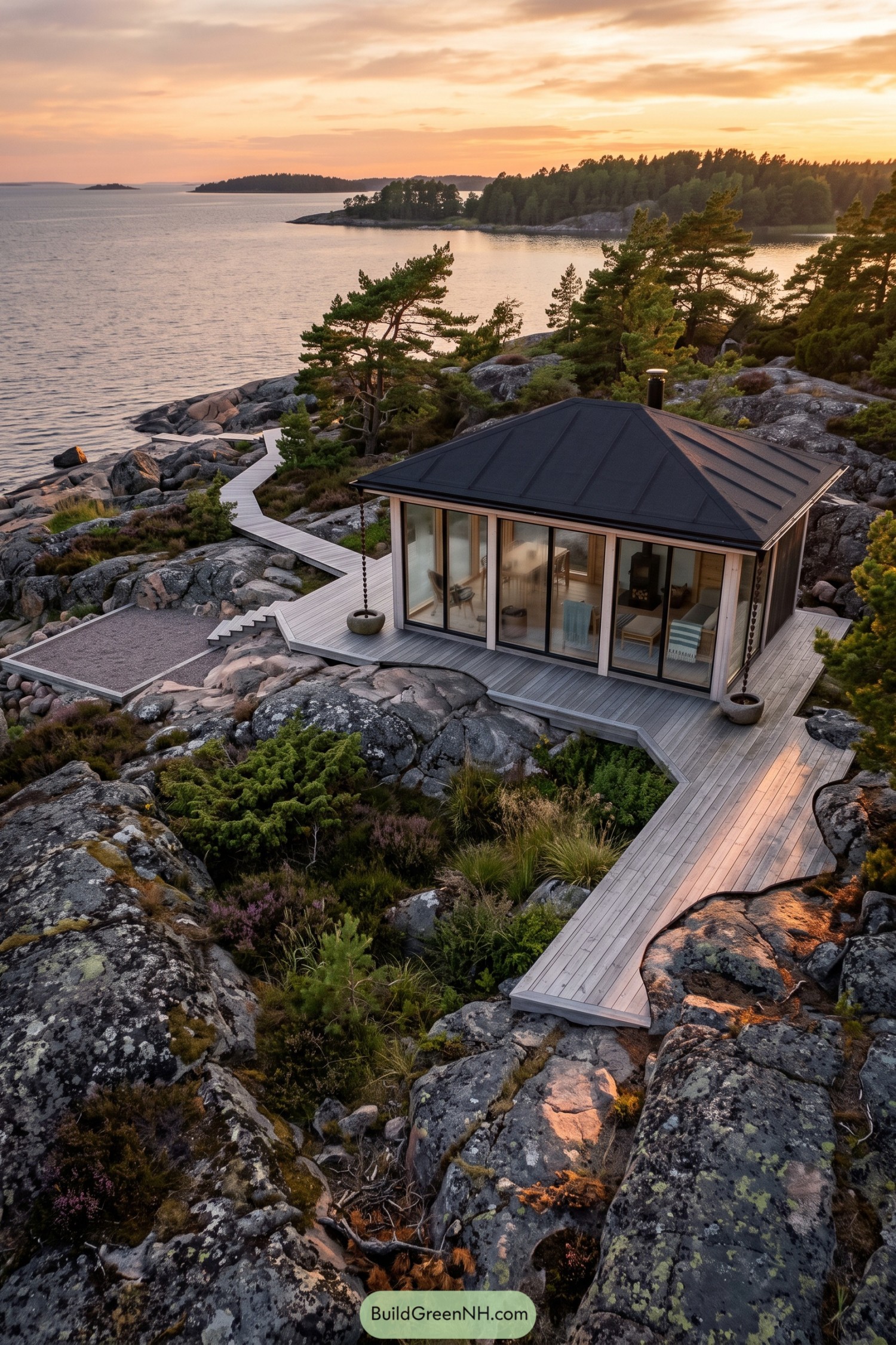 Glass garden house on a rocky coastal shore with timber walkways