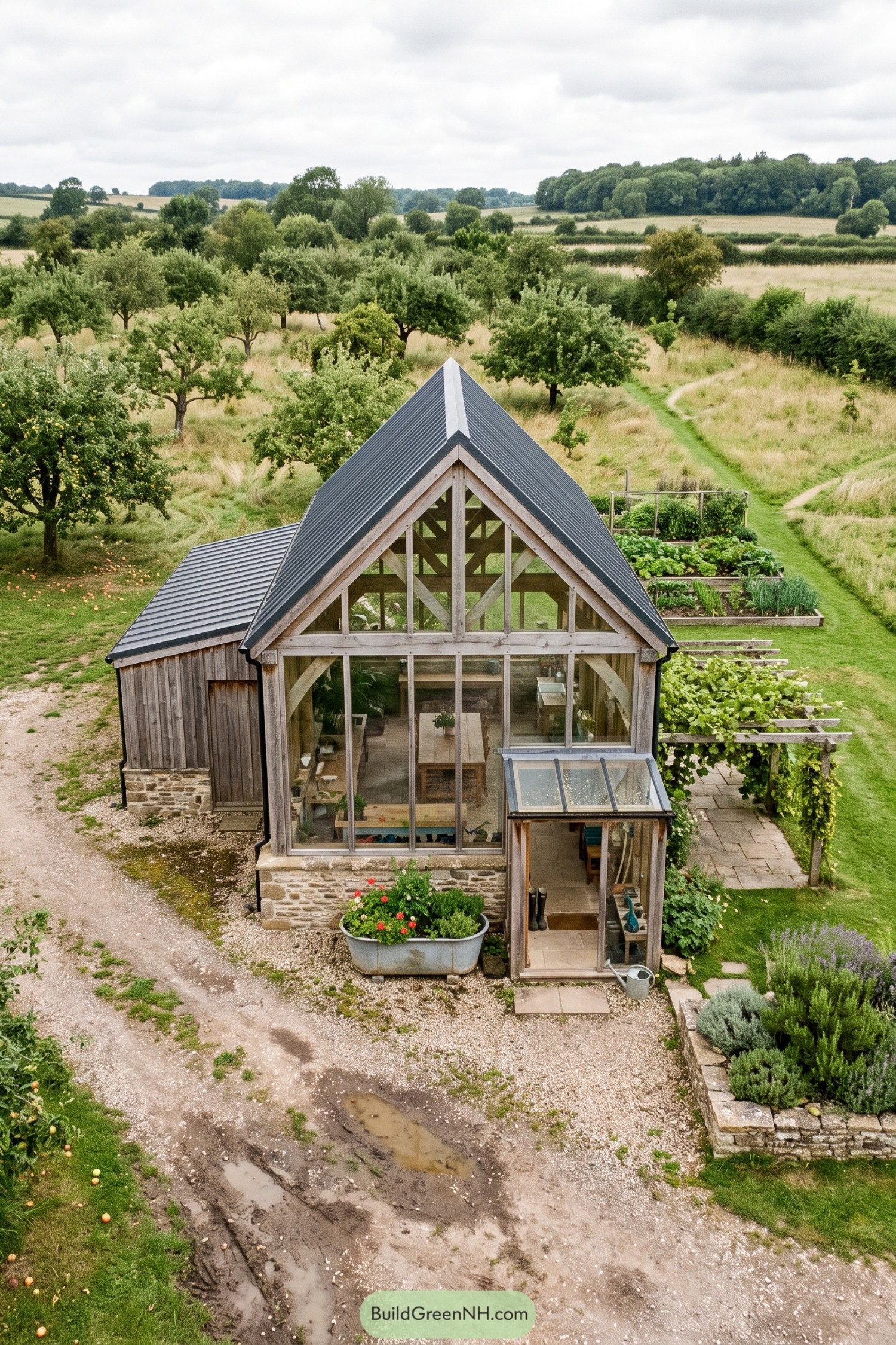 Timber gable glasshouse beside orchard beds and vines