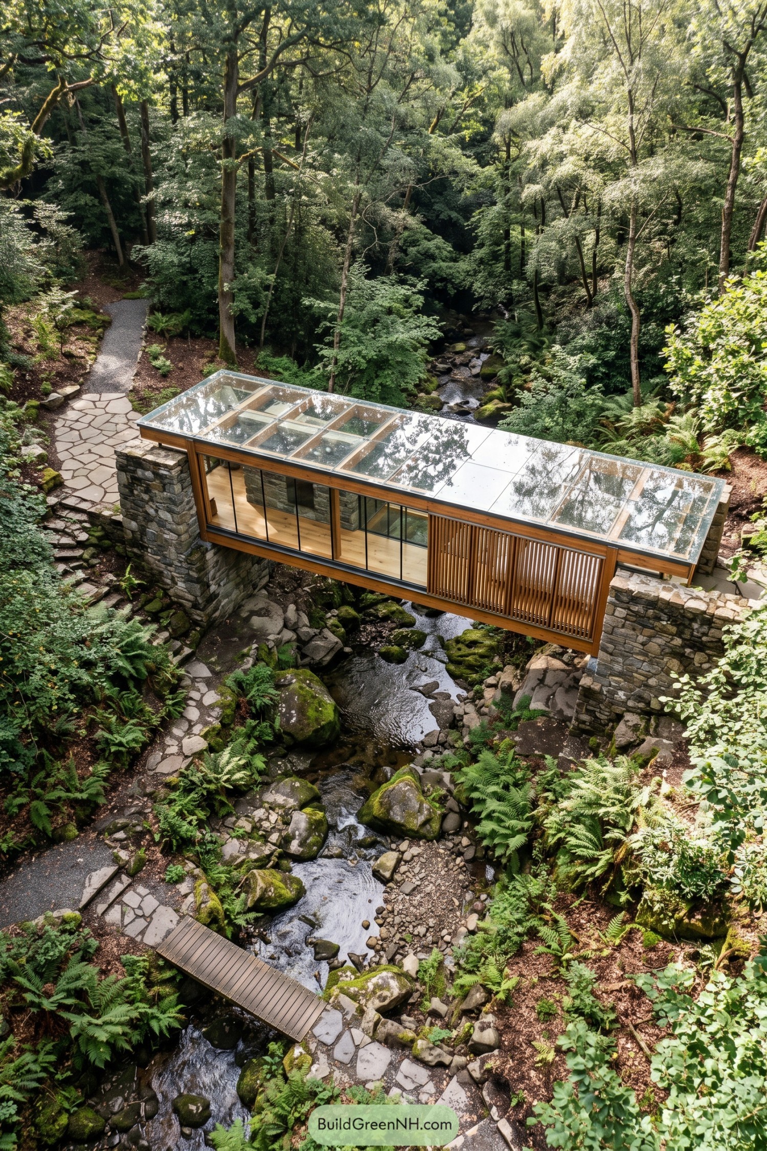 Glass-roofed garden pavilion spanning a wooded stream