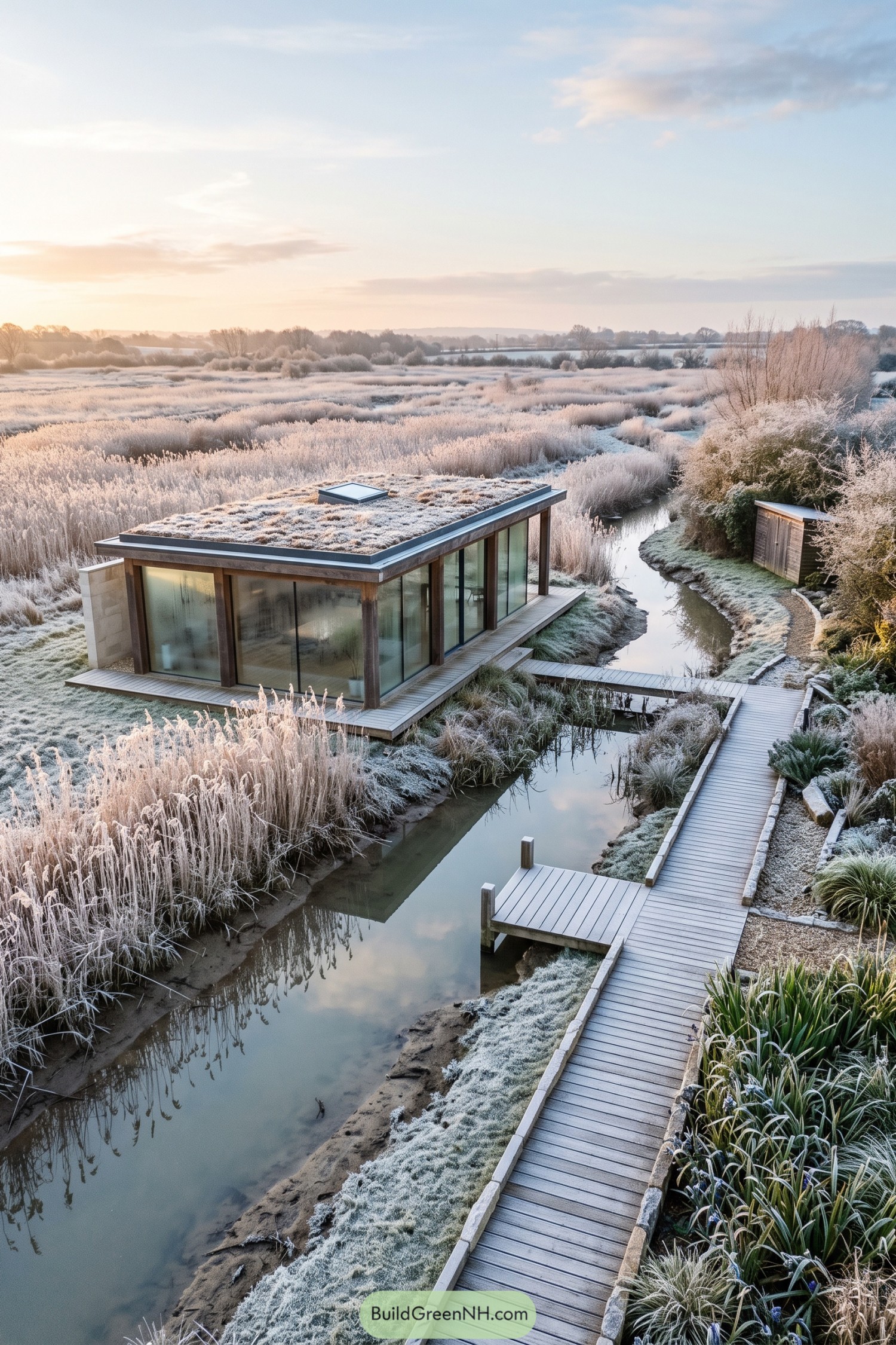 Glass garden studio beside a frosty wetland channel