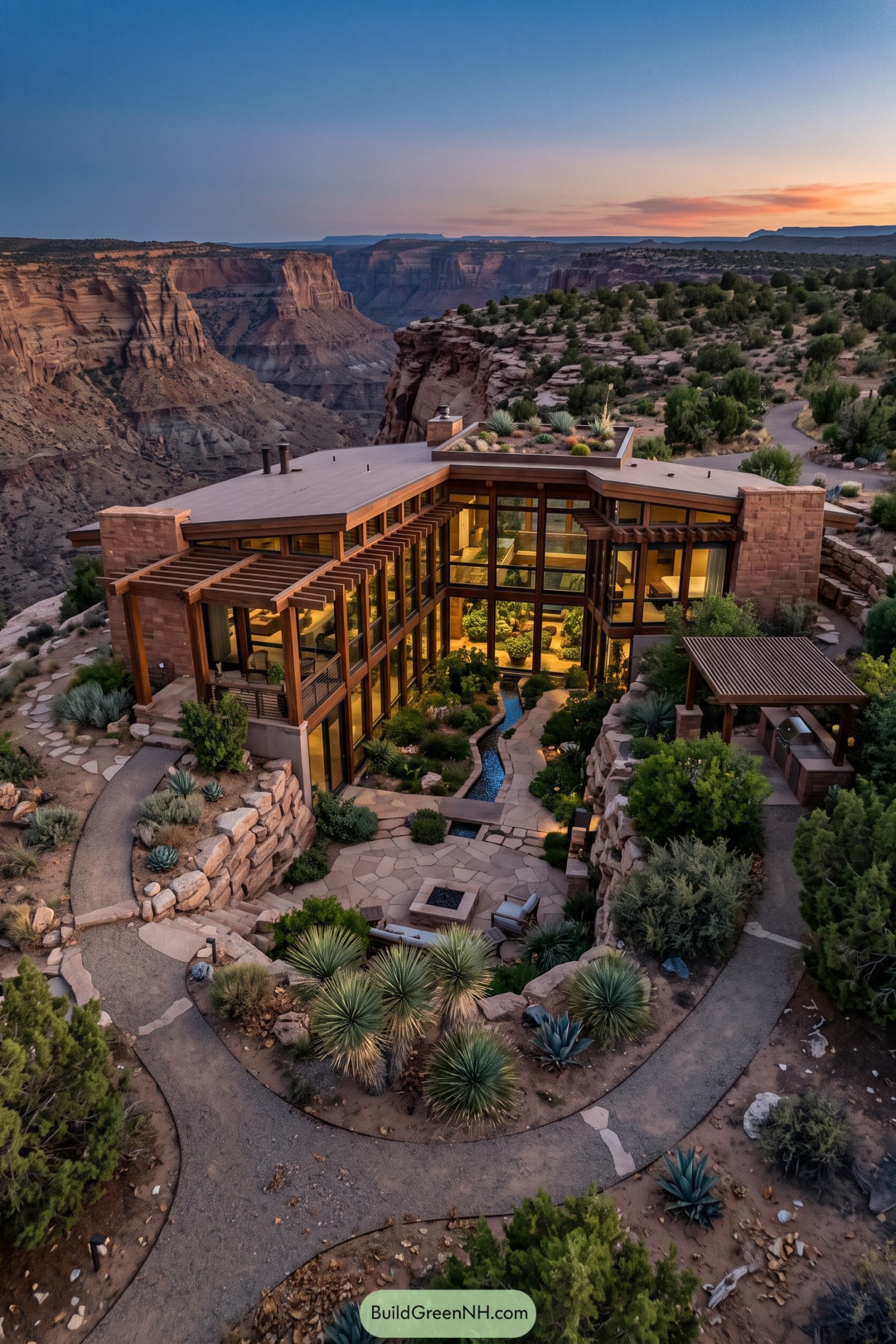 Glass garden house nestled beside a desert canyon at sunset