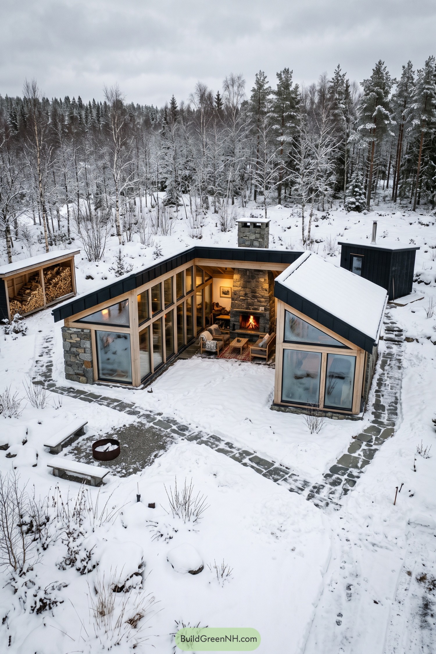 Angular glass garden house with a stone fireplace in a snowy forest