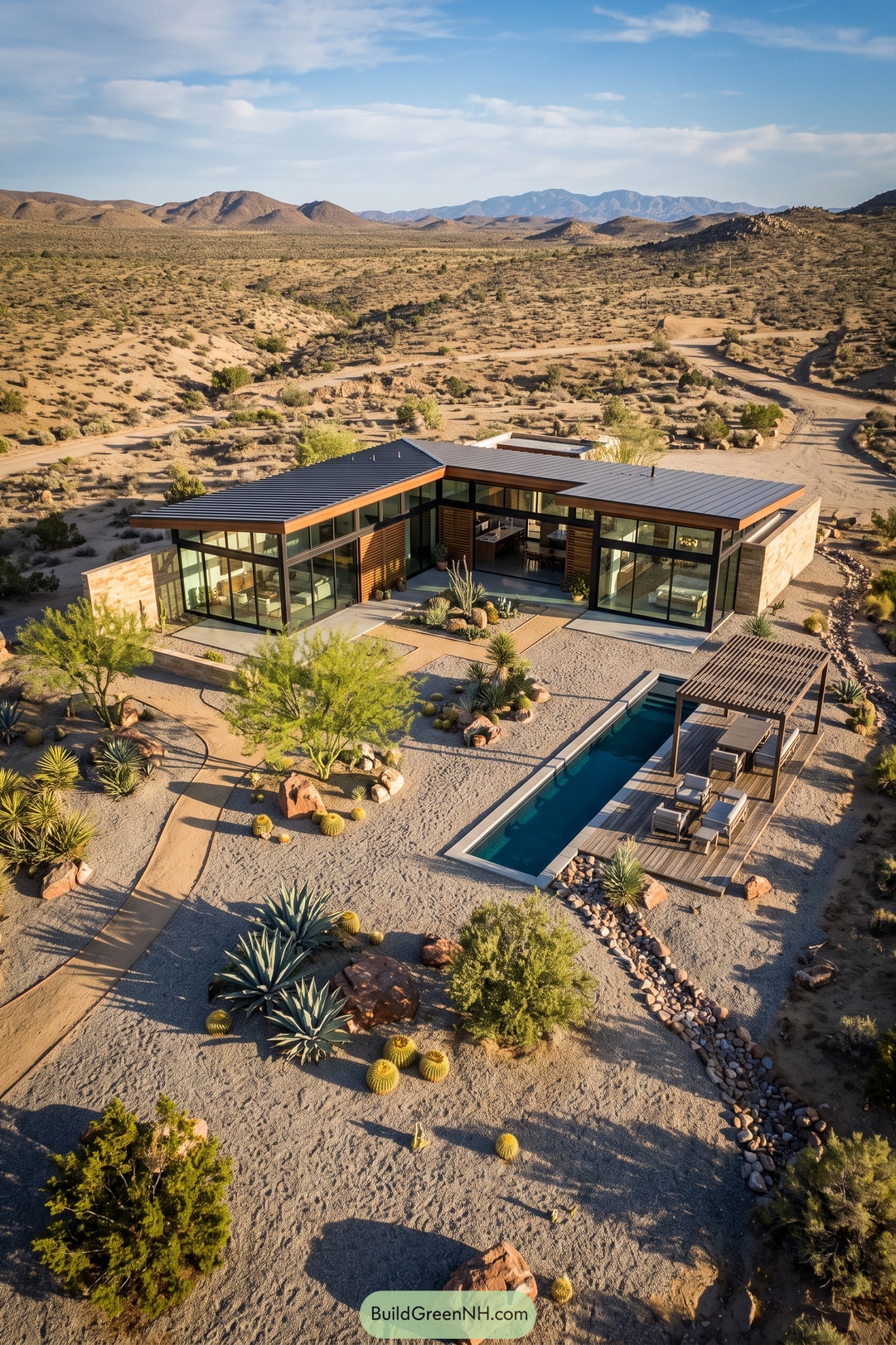 Modern glass house with desert garden pool and pergola