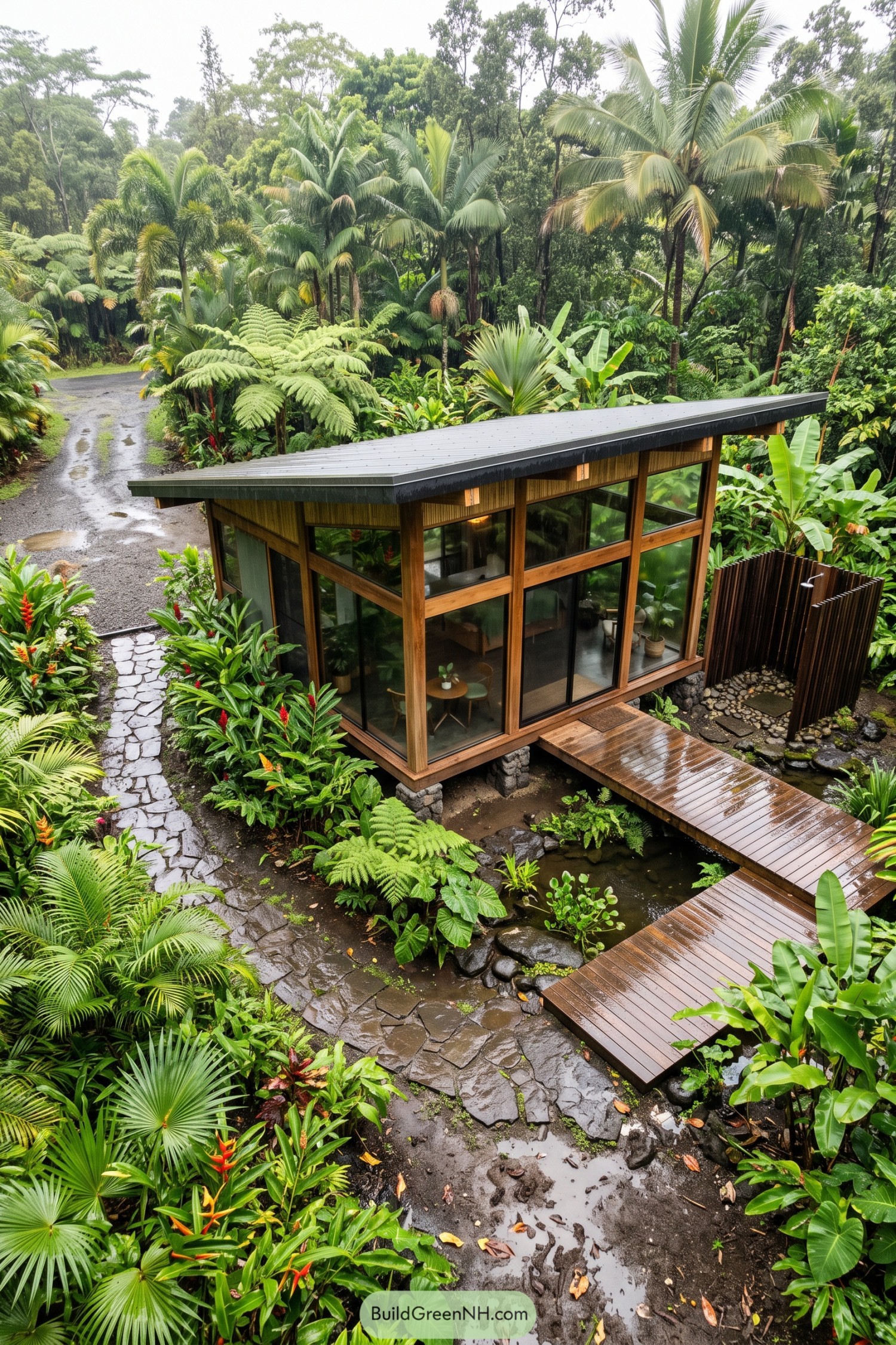 Timber and glass garden house in lush rainforest