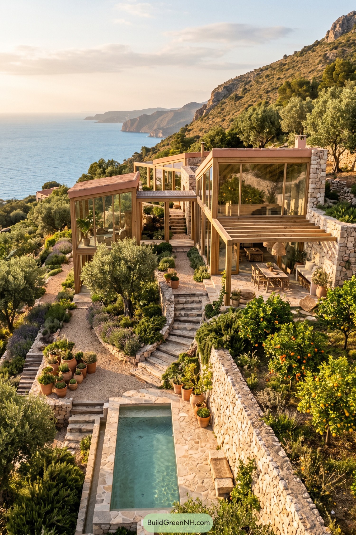 Timber and glass garden house overlooking a terraced coastal olive grove