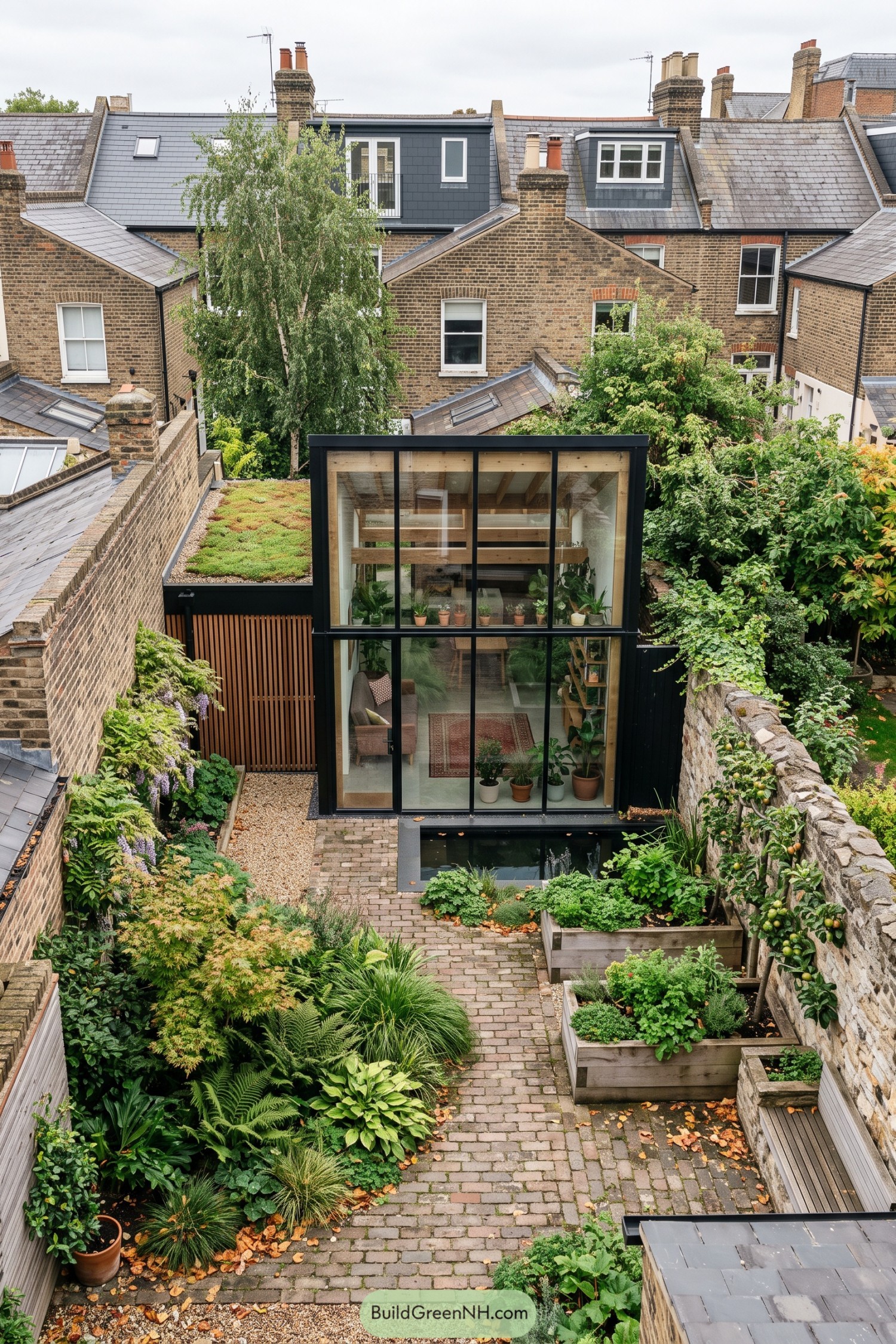 Black framed glass garden room beside lush planted beds