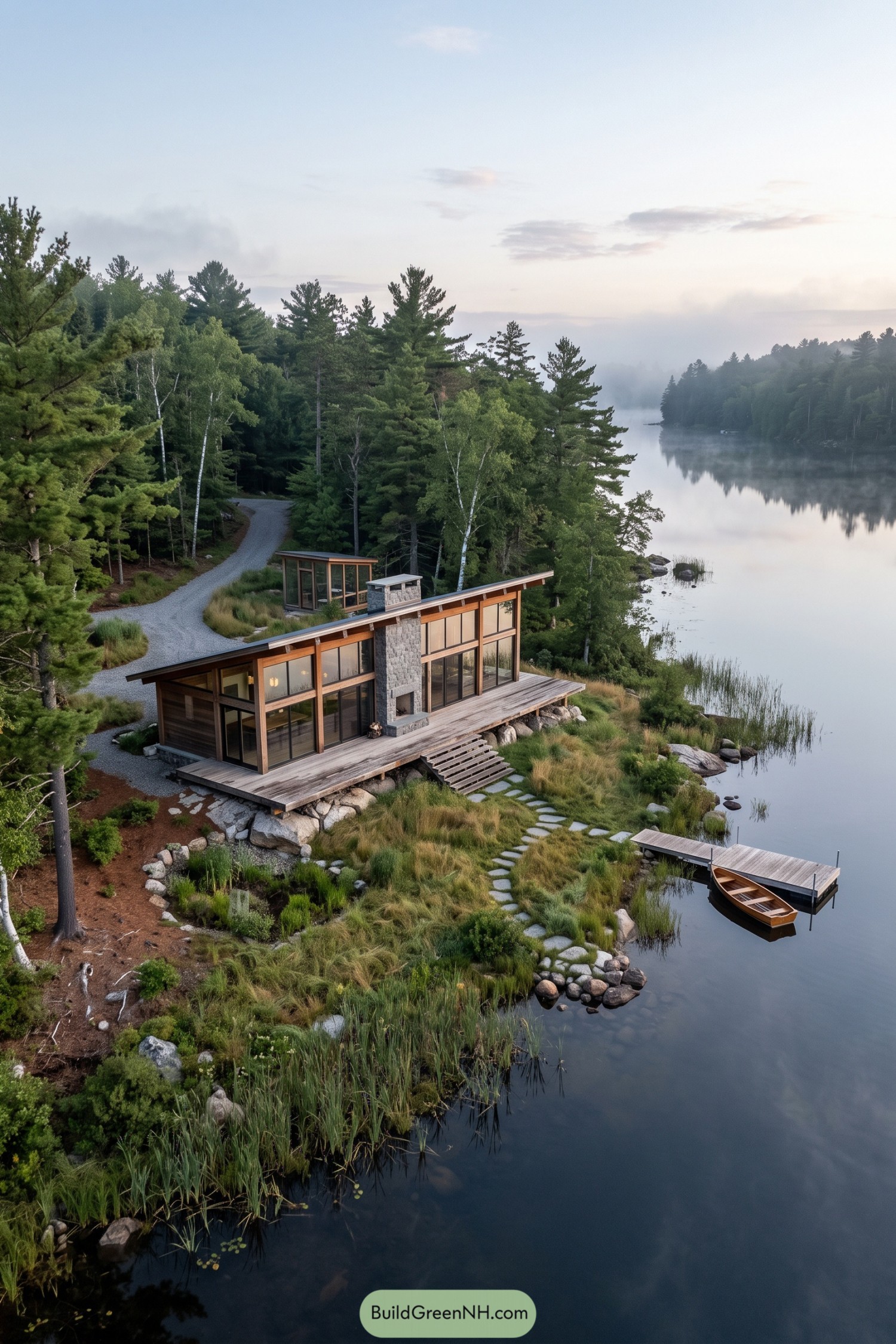 Glass cabin with timber framing beside a misty lake