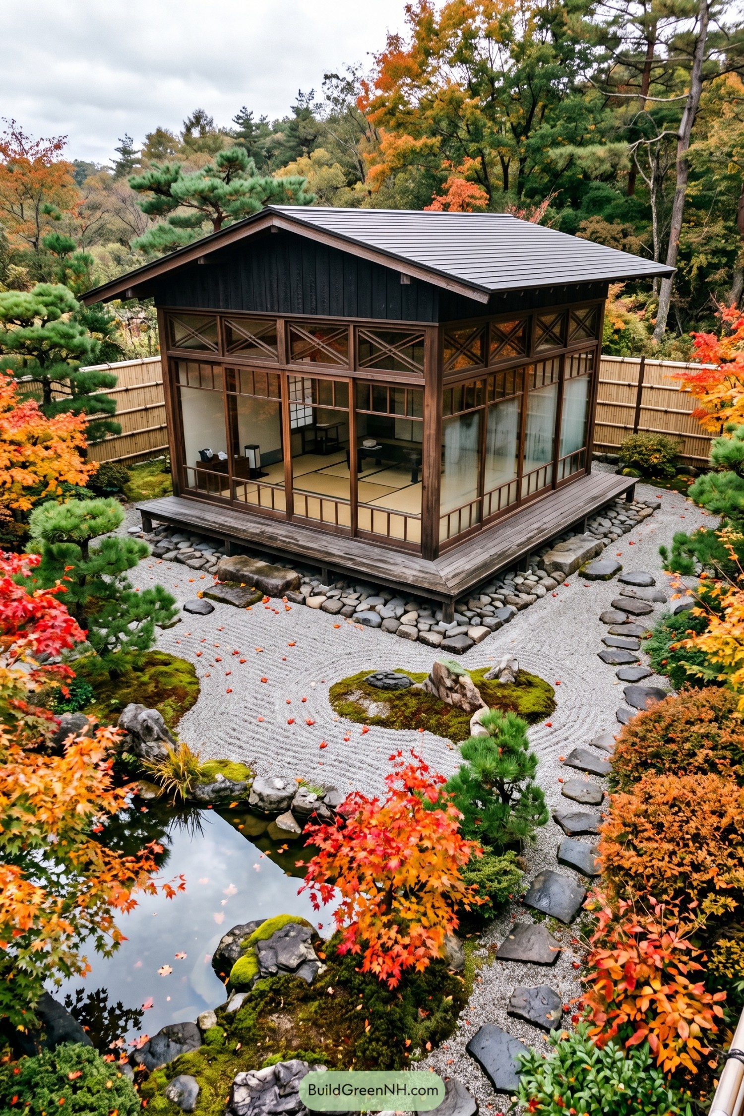 Wood-framed glass garden house beside a raked gravel pond in autumn