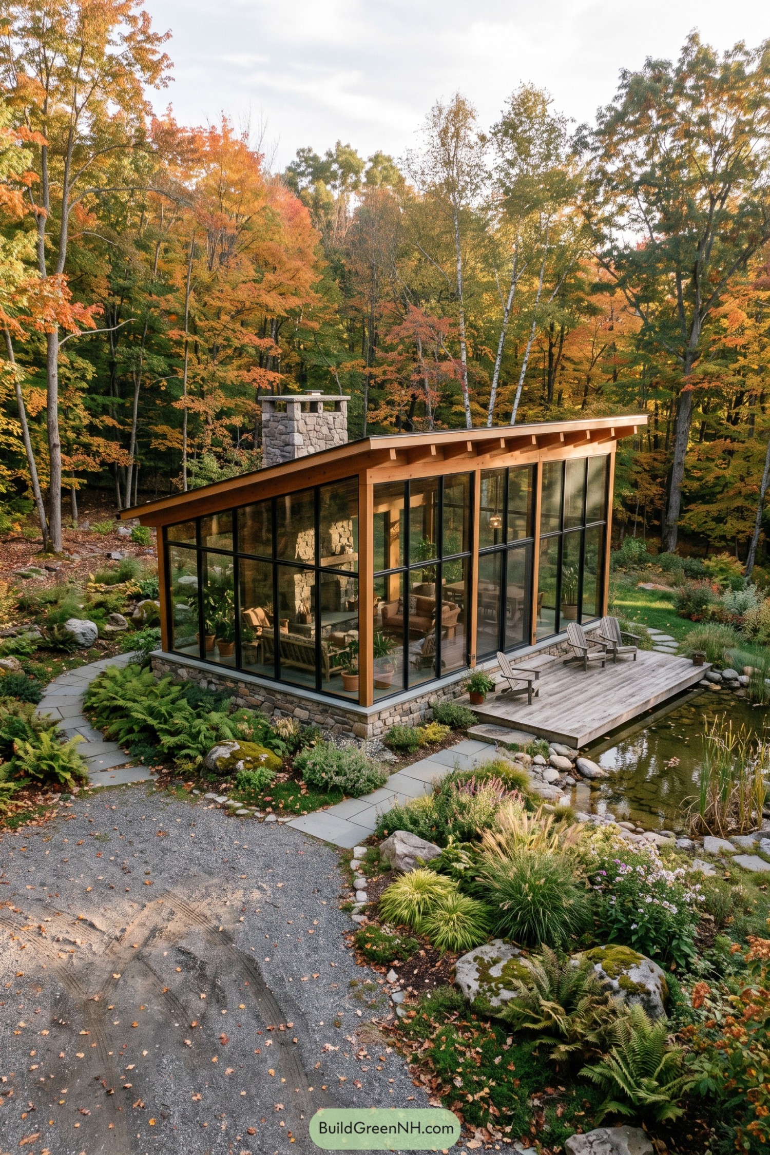 Glass garden house with timber frame stone chimney and pondside deck